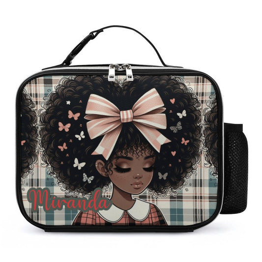 Puff Hair Girl Lunch Bag with Detachable Buckled Handle, Personalized