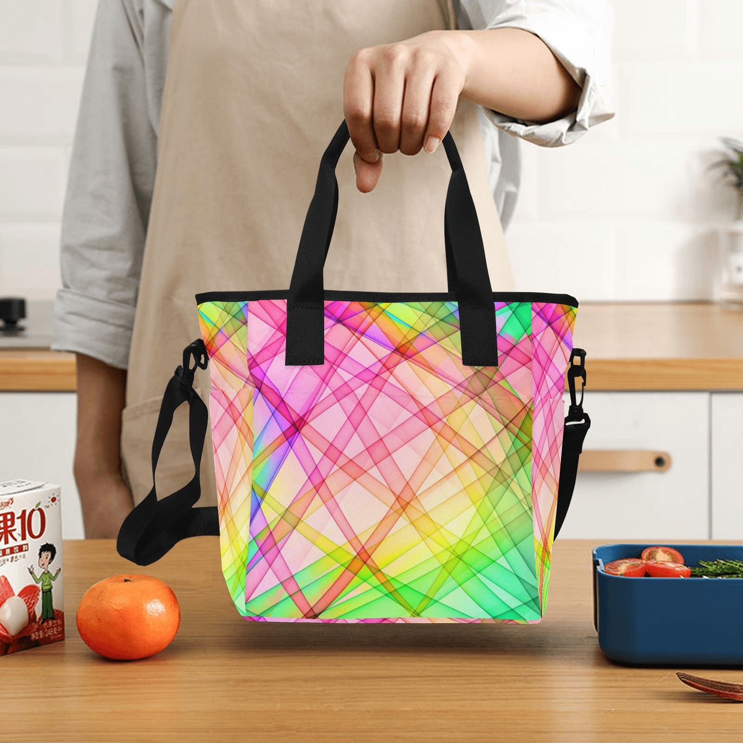 Colorful Geometric Insulated Tote Bag with Shoulder Strap