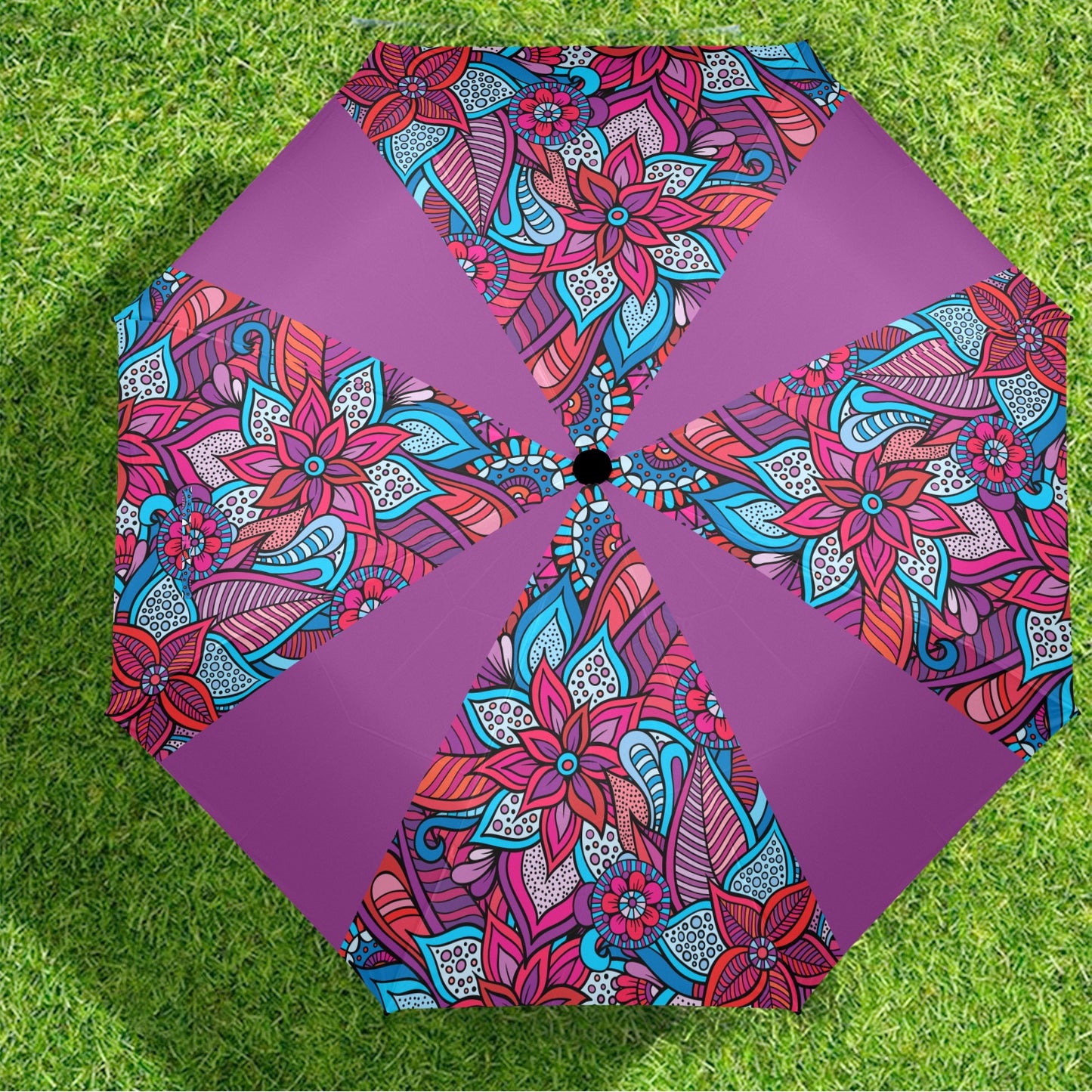 Floral Oriental Purple Semi-Automatic Foldable Umbrella