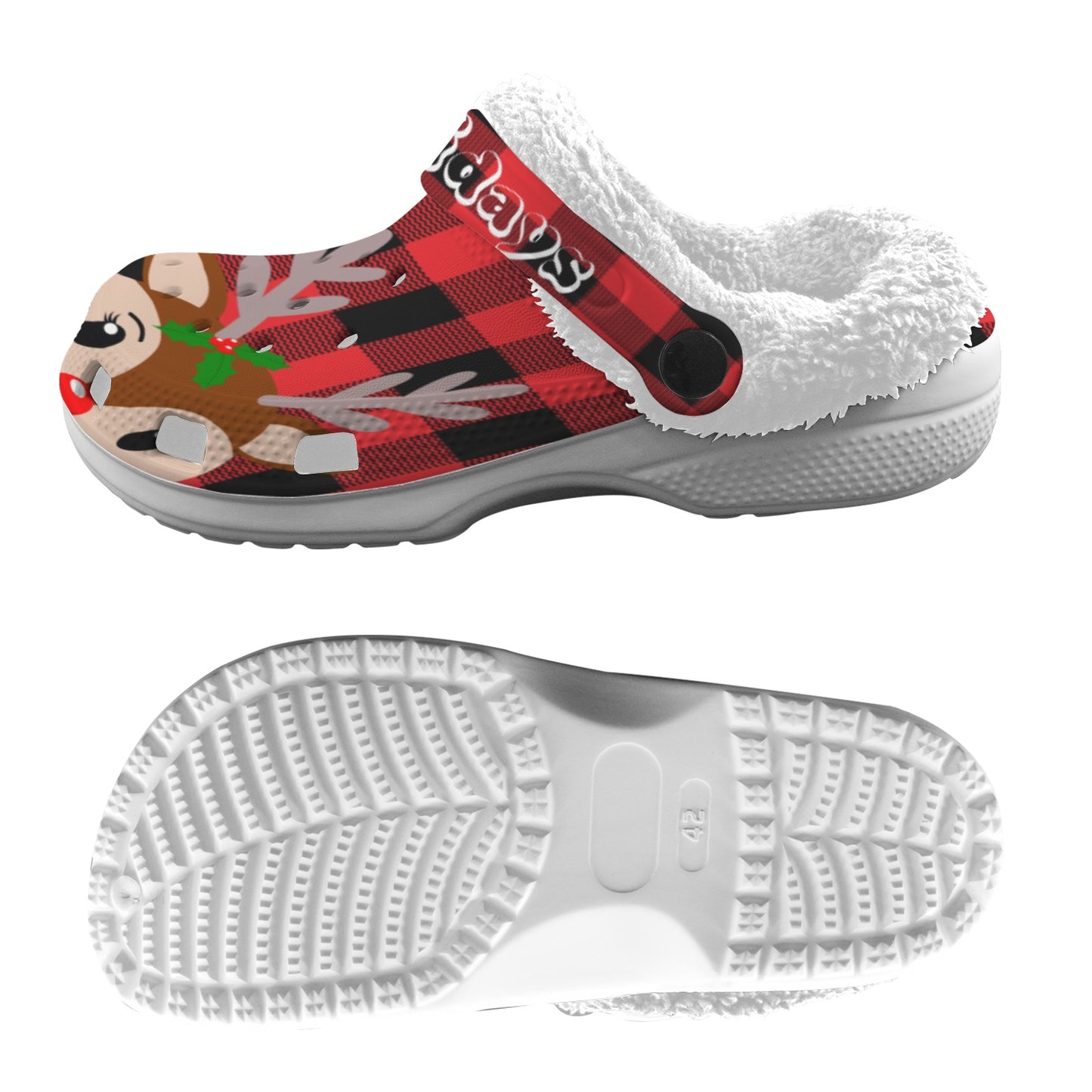 Christmas Reindeer - Personalized Red Fleece Lined Foam Clogs for Adults