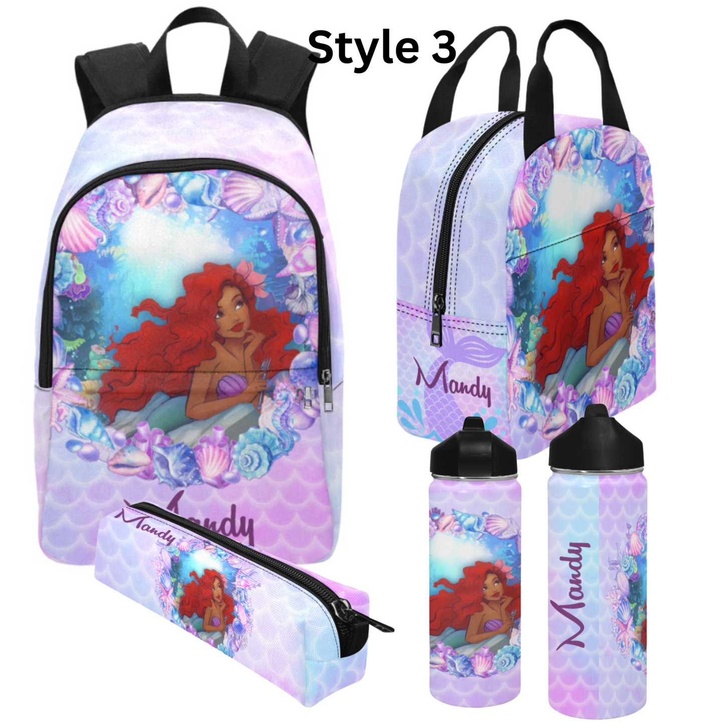 Personalized Mermaid Backpack set, Black Mermaid school bag, Lunch bag, Water bottle, pencil pouch, Black Ariel Backpack, back to school