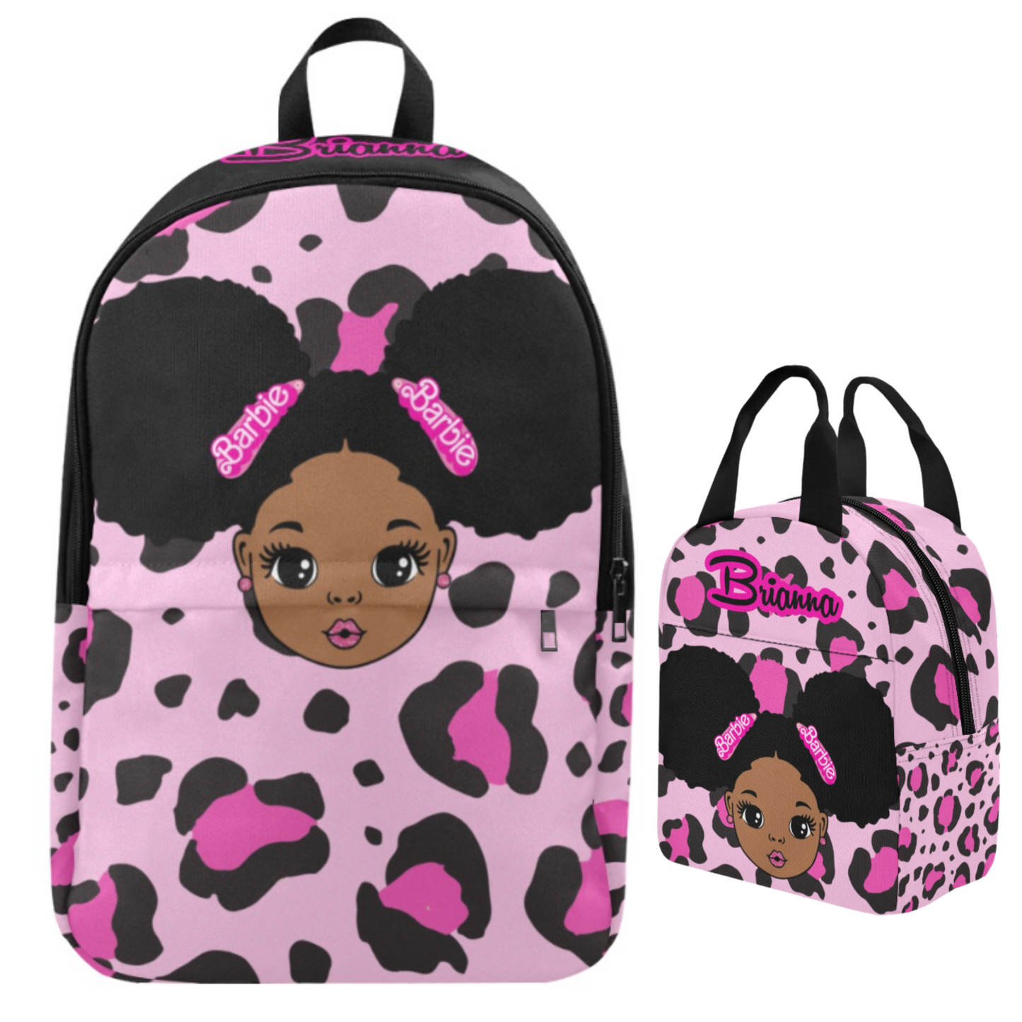 Personalized Pink Backpacks, Black Girl with Puff hair backpack, Lunch bag