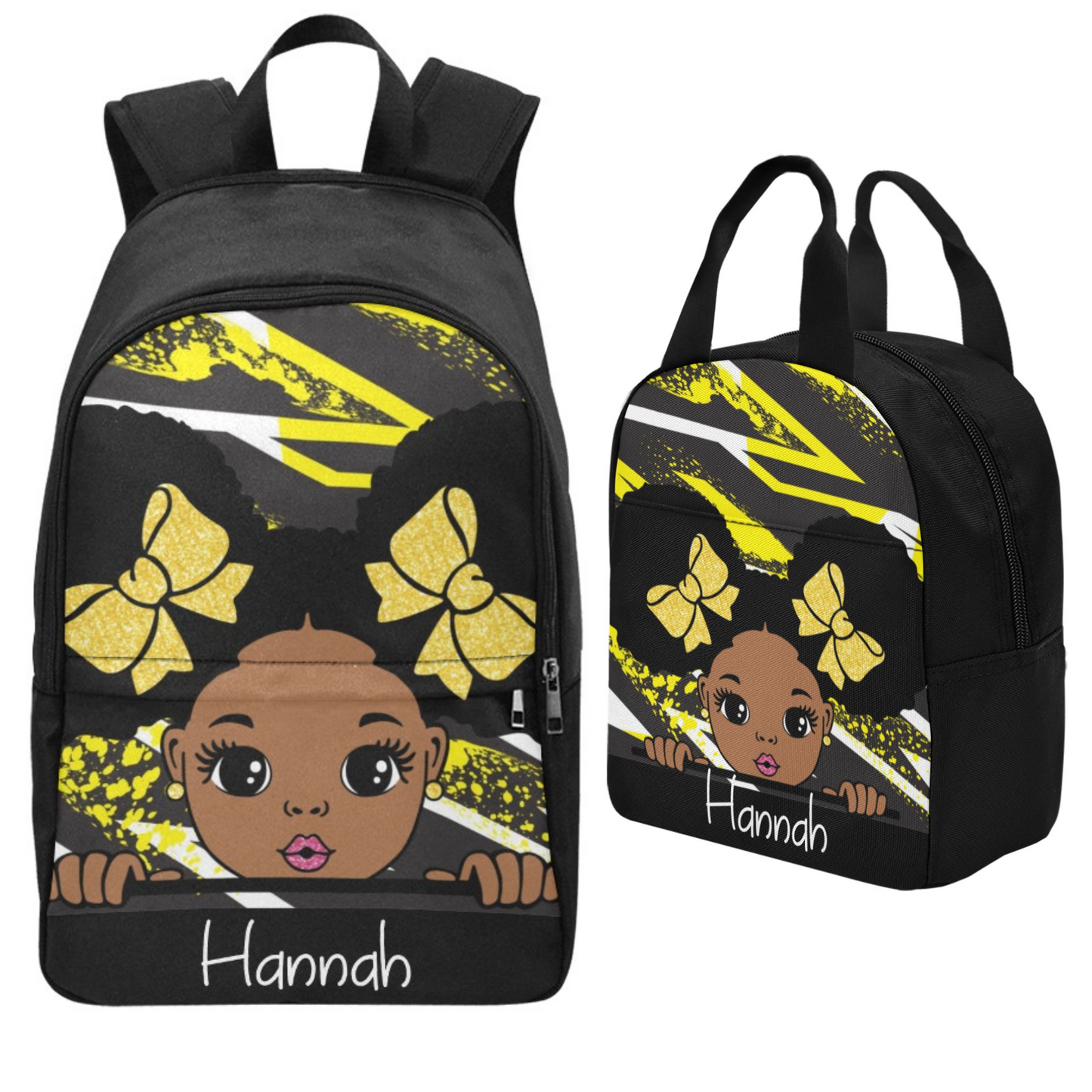 Personalized Black Girl Puff Hair Backpack Set, Lunch Bag, Kids School bags, Back to School, Peekaboo Girls