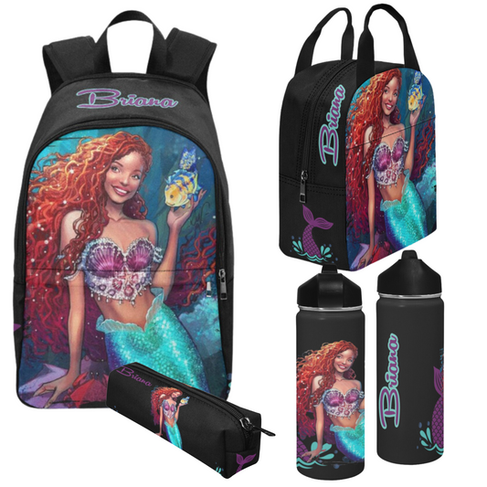 Personalized Mermaid Backpack set, Black Mermaid school bag, Lunch bag, Water bottle, pencil pouch, Black Ariel Backpack, back to school