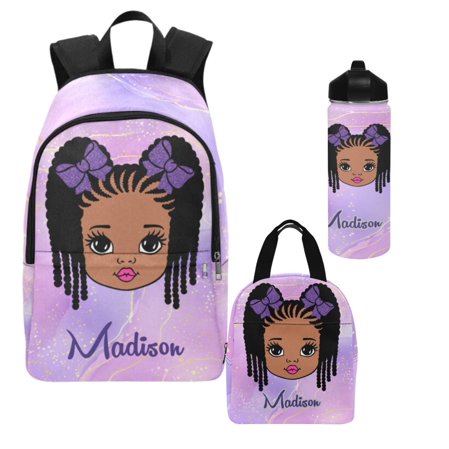 Personalized Black girl Backpack Set/ Purple Backpacks/Braided Hair girl school bags