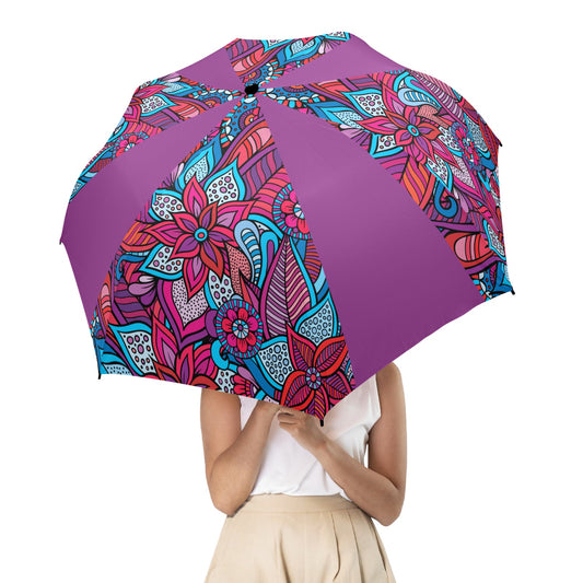 Floral Oriental Purple Semi-Automatic Foldable Umbrella