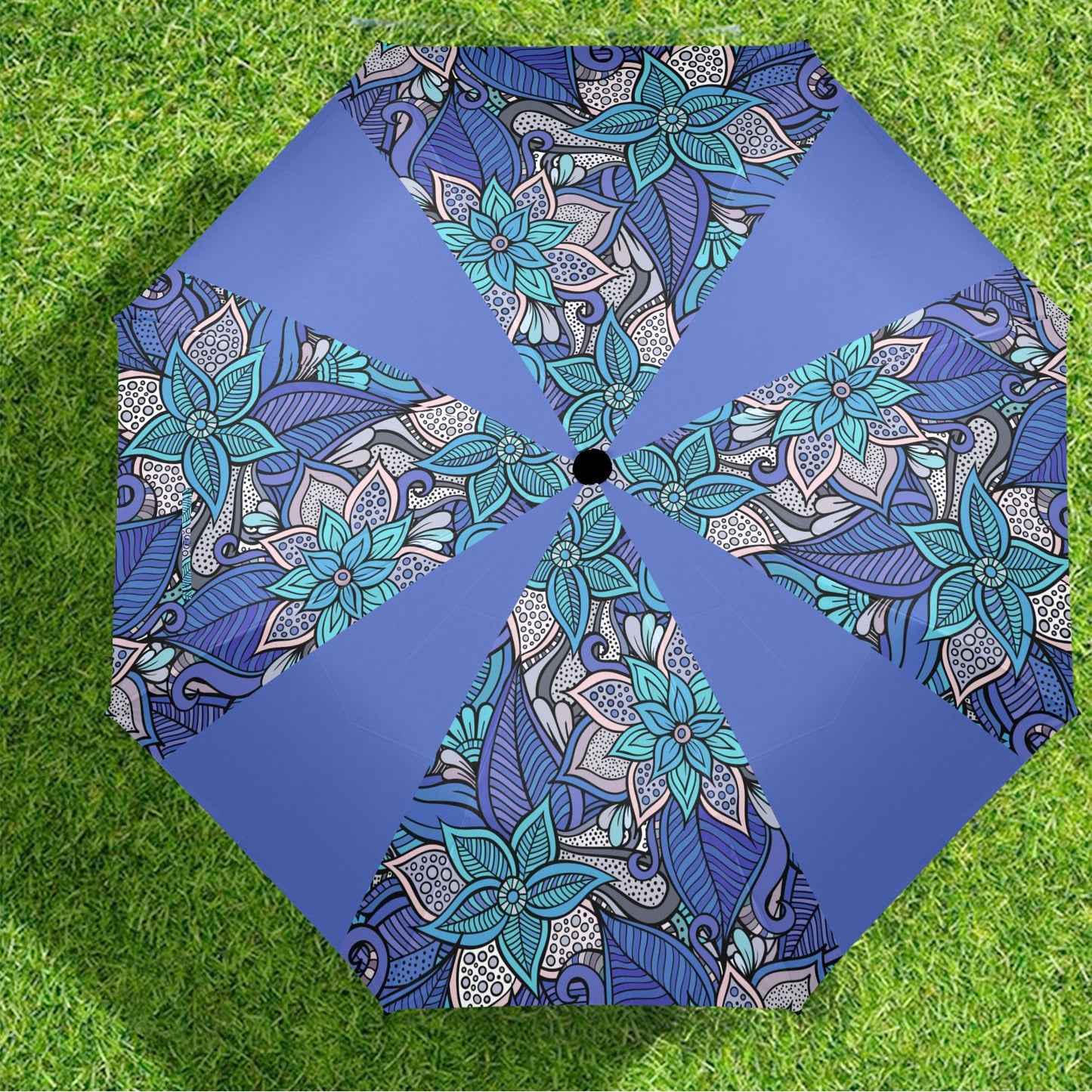 Floral Oriental Blue Semi-Automatic Foldable Umbrella