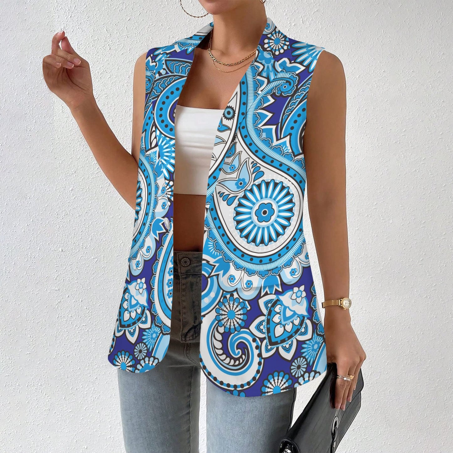 Traditional Asian elements Paisley Women's Sleeveless Blue Blazer