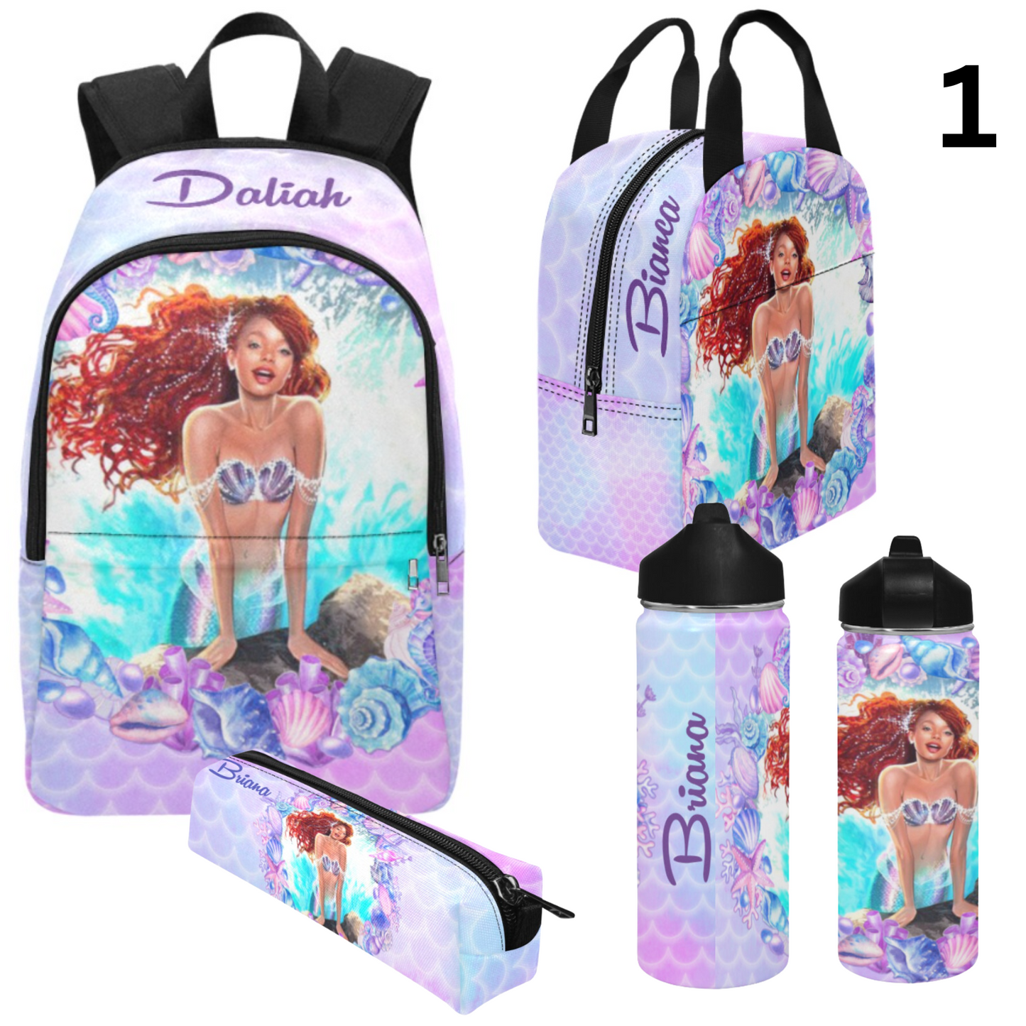 Personalized Mermaid Backpack set, Black Mermaid school bag, Lunch bag, Water bottle, pencil pouch, Black Ariel Backpack, back to school