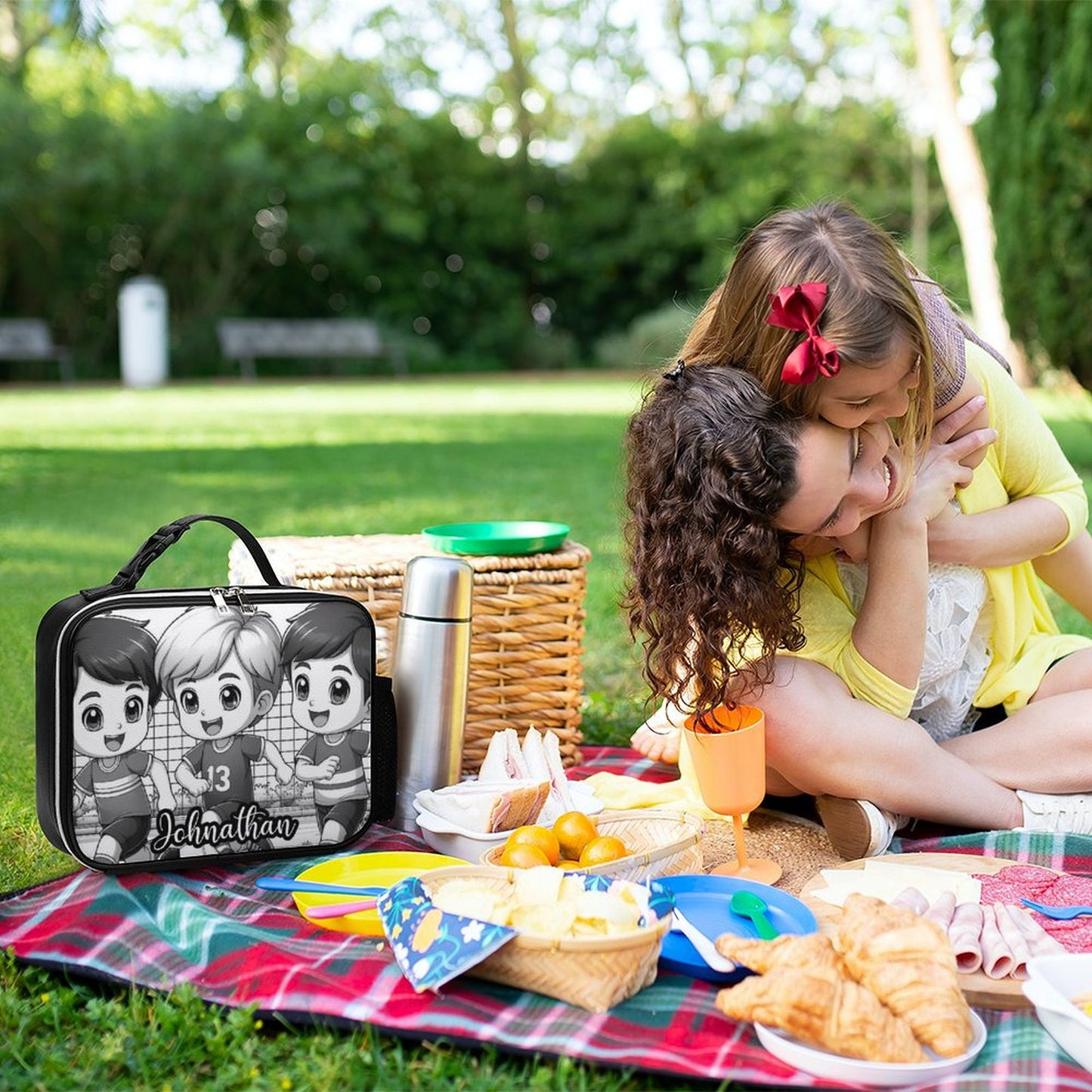 Black and White Boys Lunch Bag with Detachable Buckled Handle, Personalized