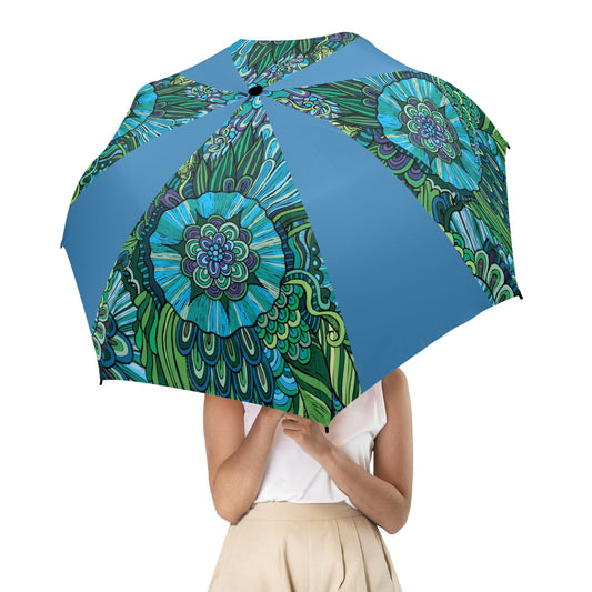 Floral Oriental True Blue Semi-Automatic Foldable Umbrella