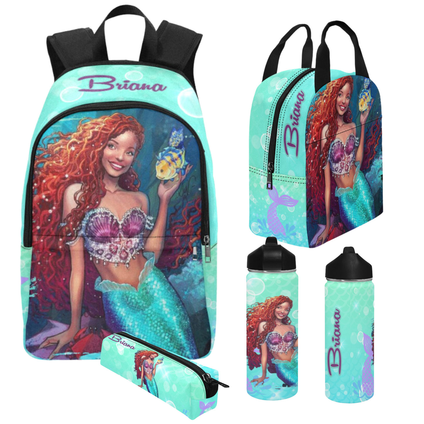 Personalized Mermaid Backpack set, Black Mermaid school bag, Lunch bag, Water bottle, pencil pouch, Black Ariel Backpack, back to school