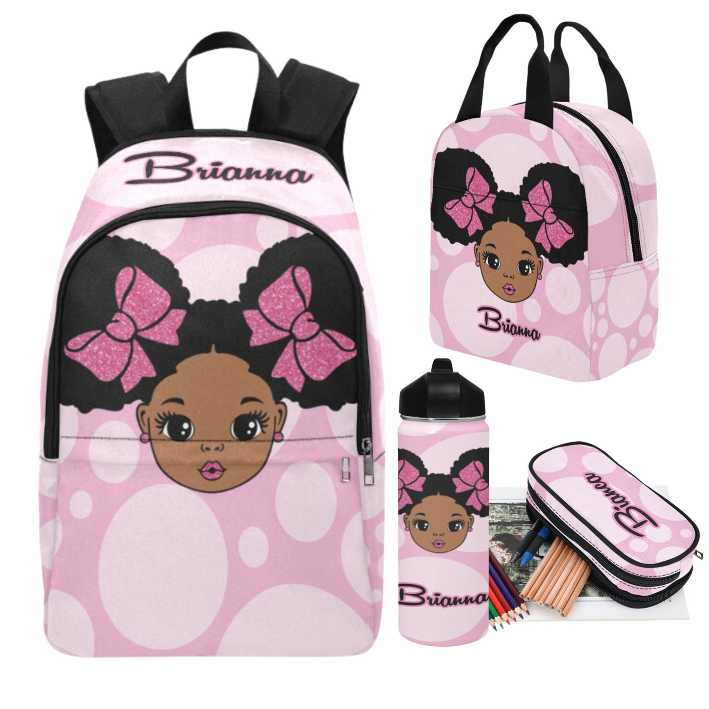 Personalized Black girl Backpack Set/ Puff hair girl school bags/Polka Dot/Big pencil case