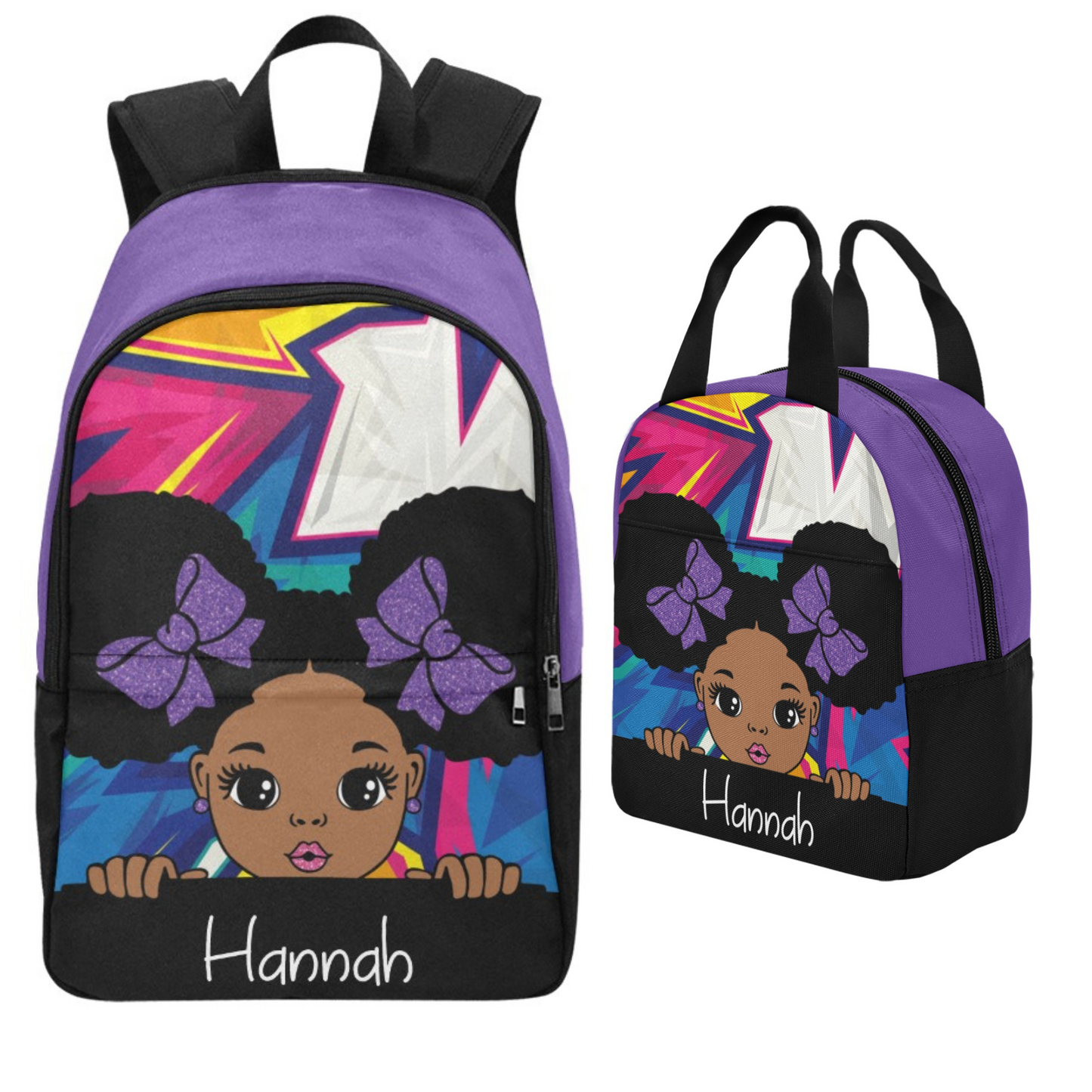 Personalized Black Girl Puff Hair Backpack Set, Lunch Bag, Kids School bags, Back to School, Peekaboo Girls