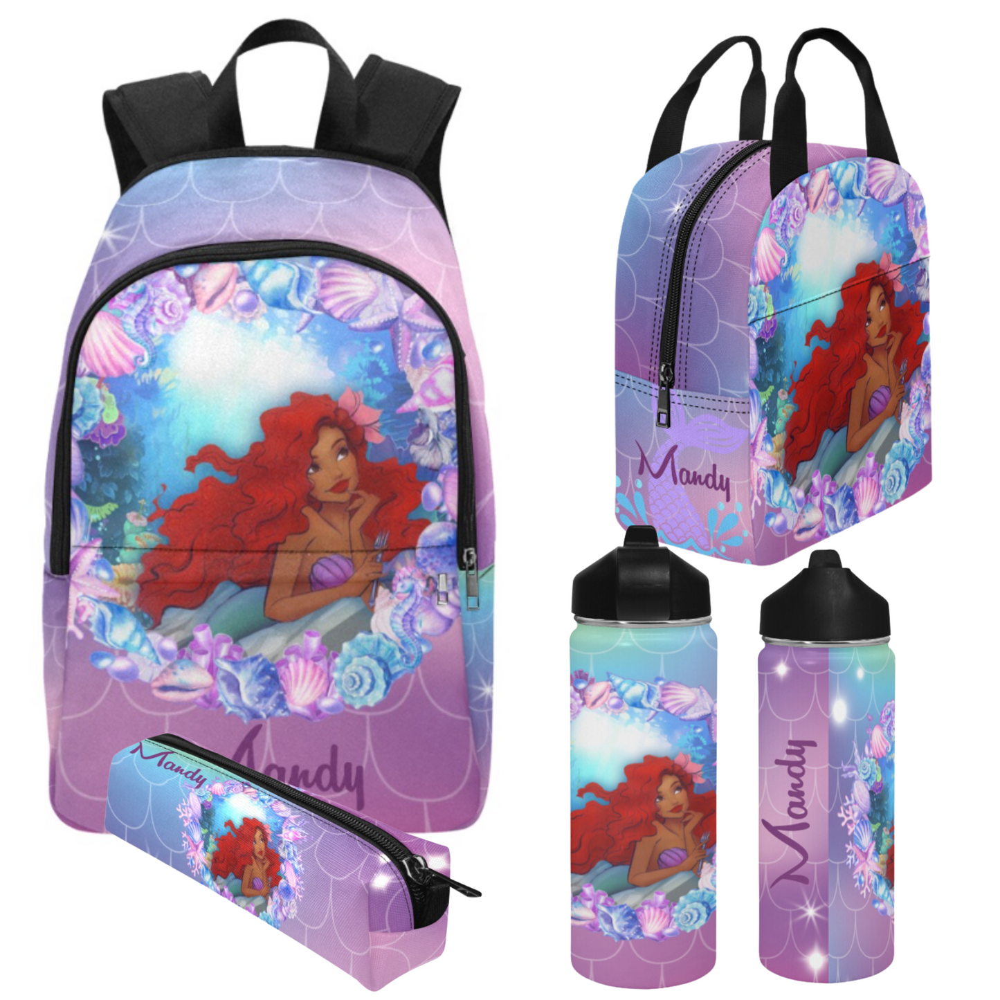 Personalized Mermaid Backpack set, Black Mermaid school bag, Lunch bag, Water bottle, pencil pouch, Black Ariel Backpack, back to school