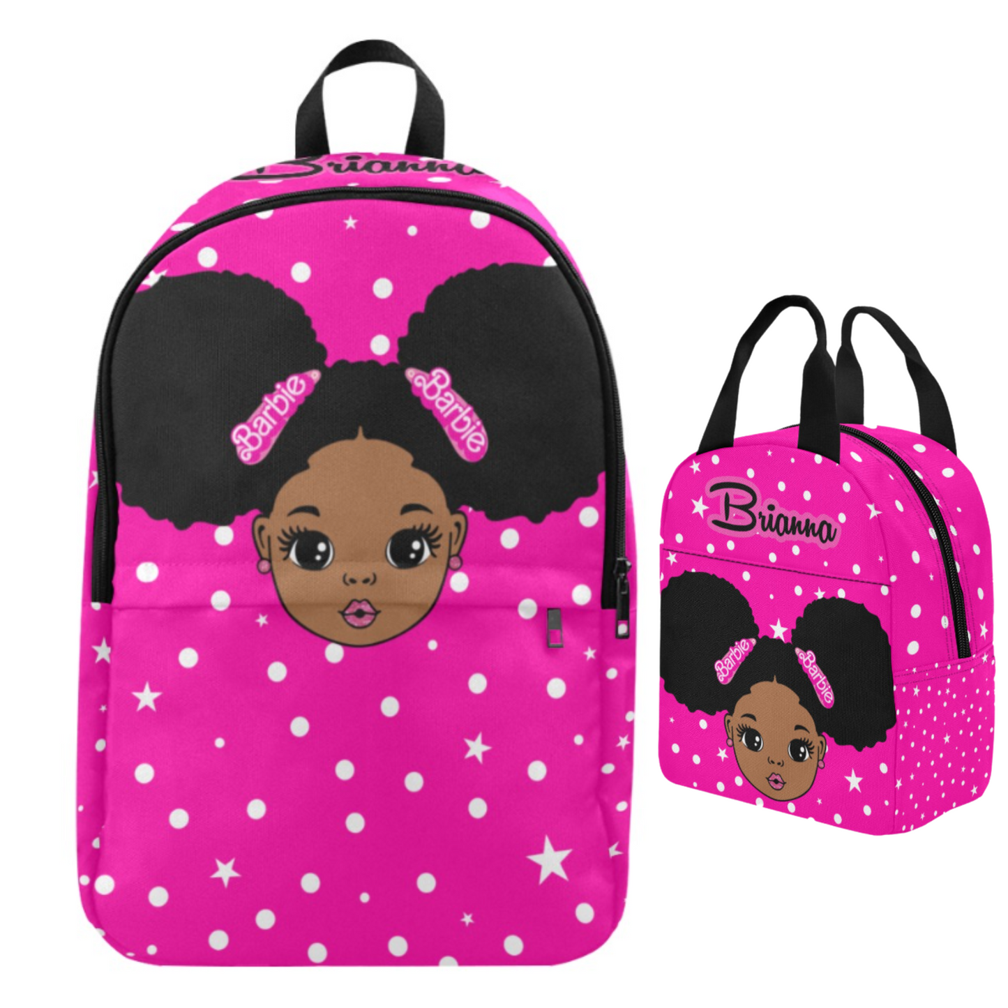 Personalized Pink Backpacks, Black Girl with Puff hair backpack, Lunch bag