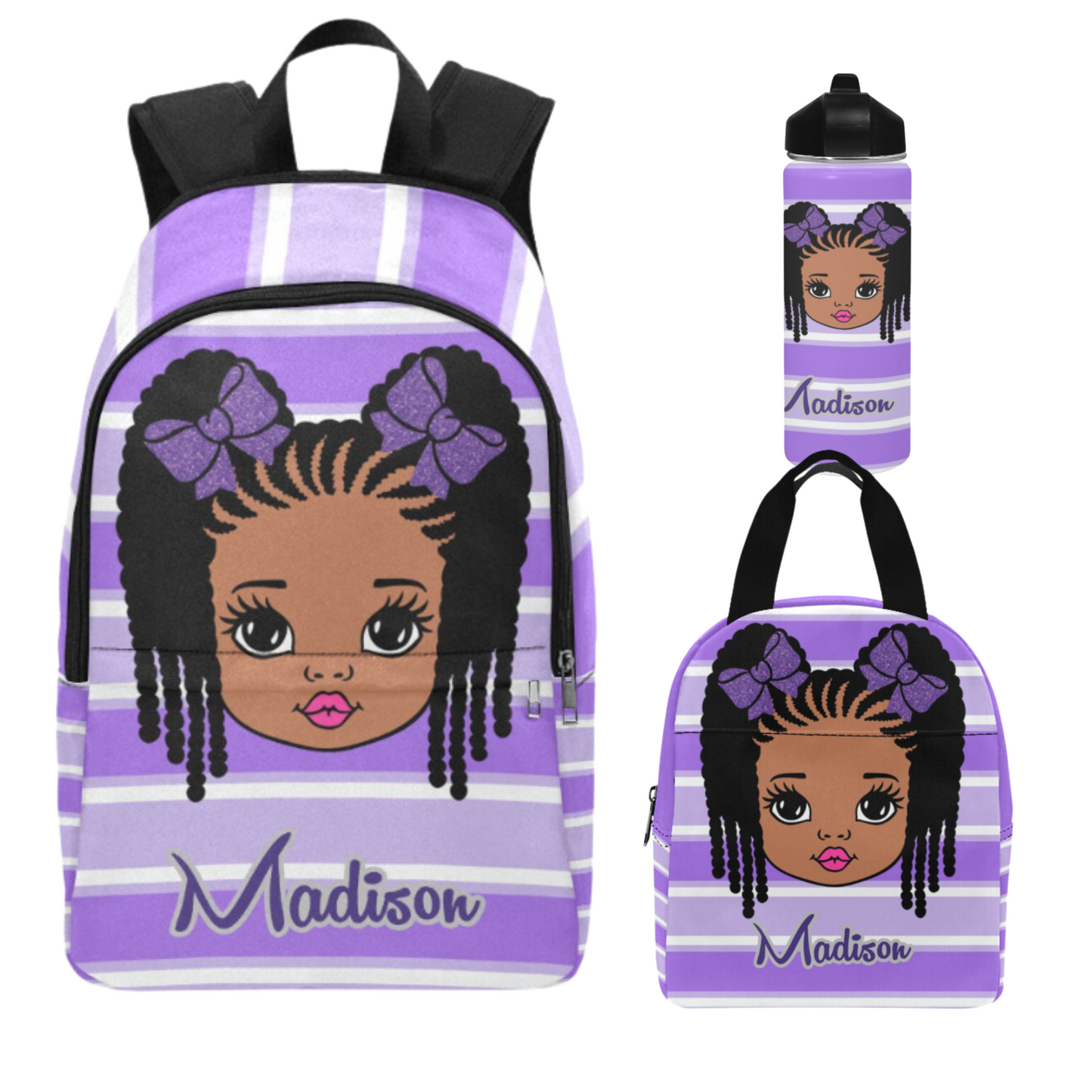 Personalized Black girl Backpack Set/ Purple Backpacks/Braided Hair girl school bags