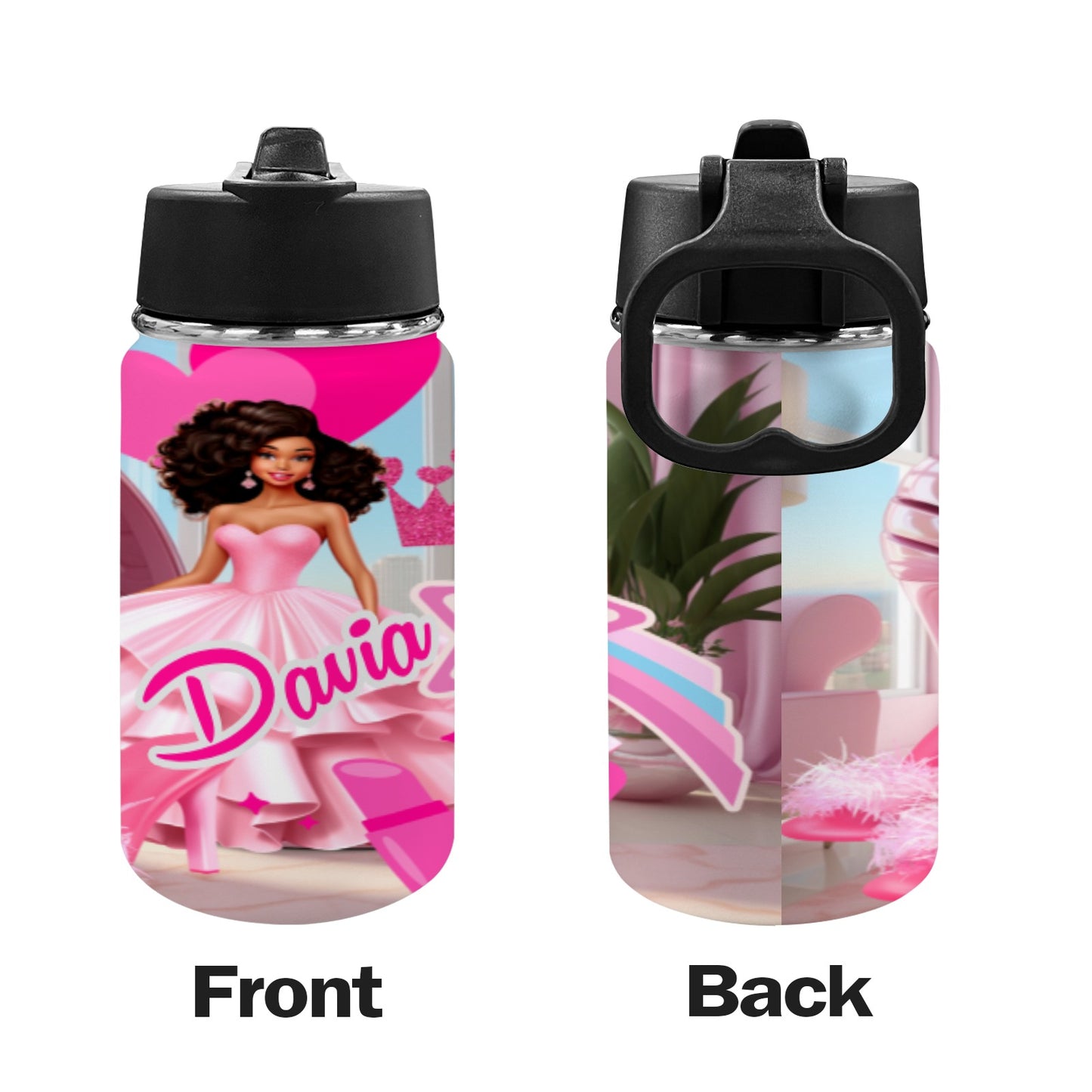 Personalized Black Girl Backpack, Pink Backpacks, school Bags/12 oz and 18 oz Insulated Water bottle