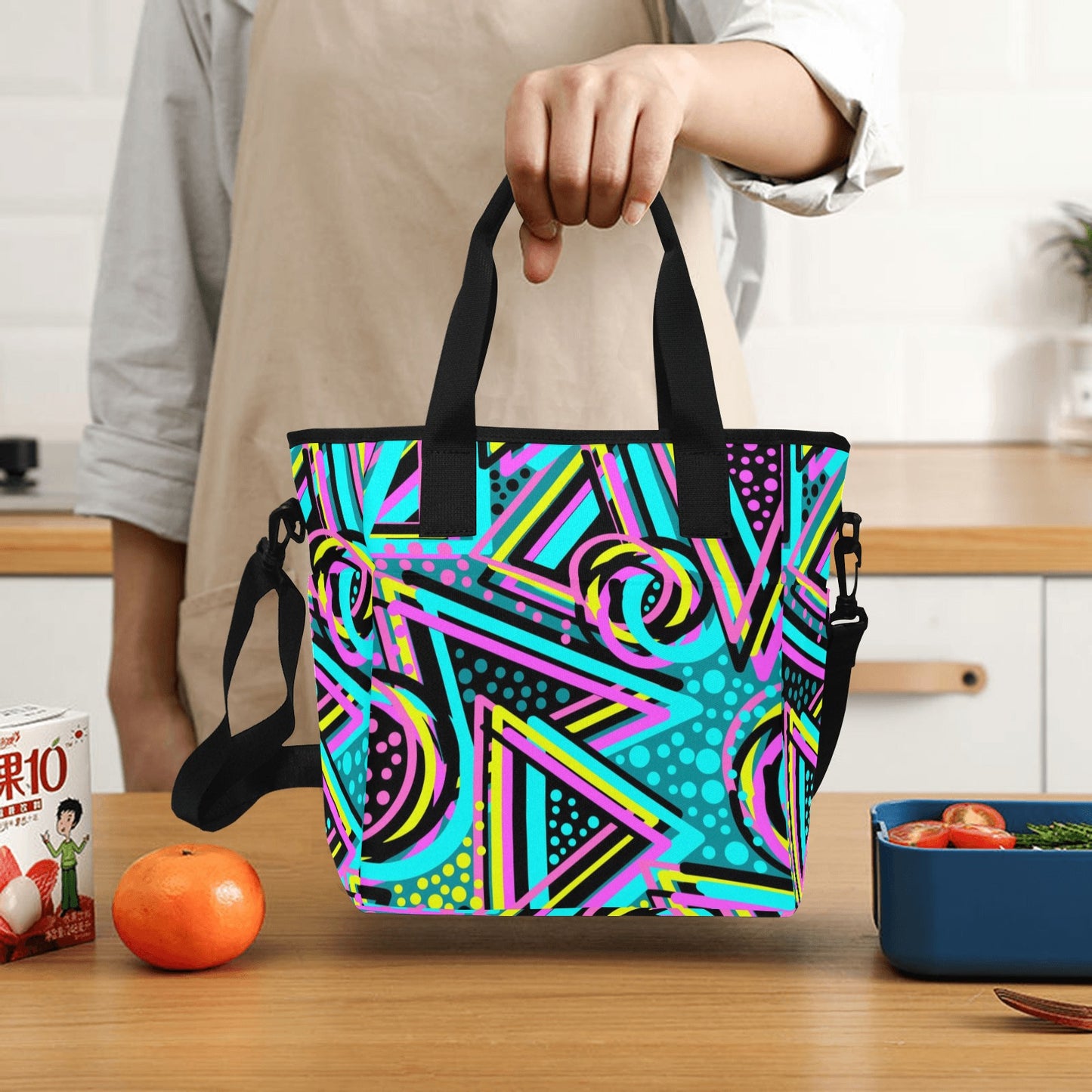 Colorful Abstract Geometric Insulated Tote Bag with Shoulder Strap