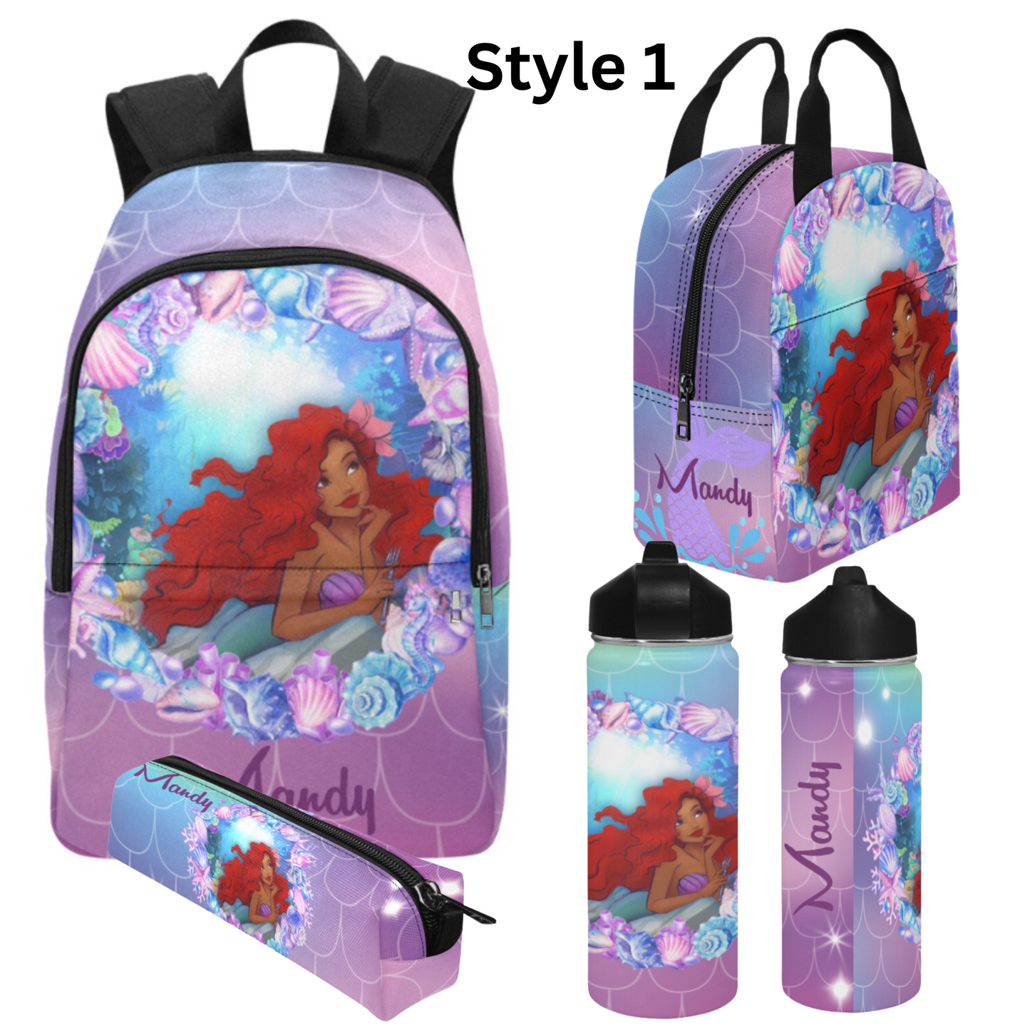 Personalized Mermaid Backpack set, Black Mermaid school bag, Lunch bag, Water bottle, pencil pouch, Black Ariel Backpack, back to school