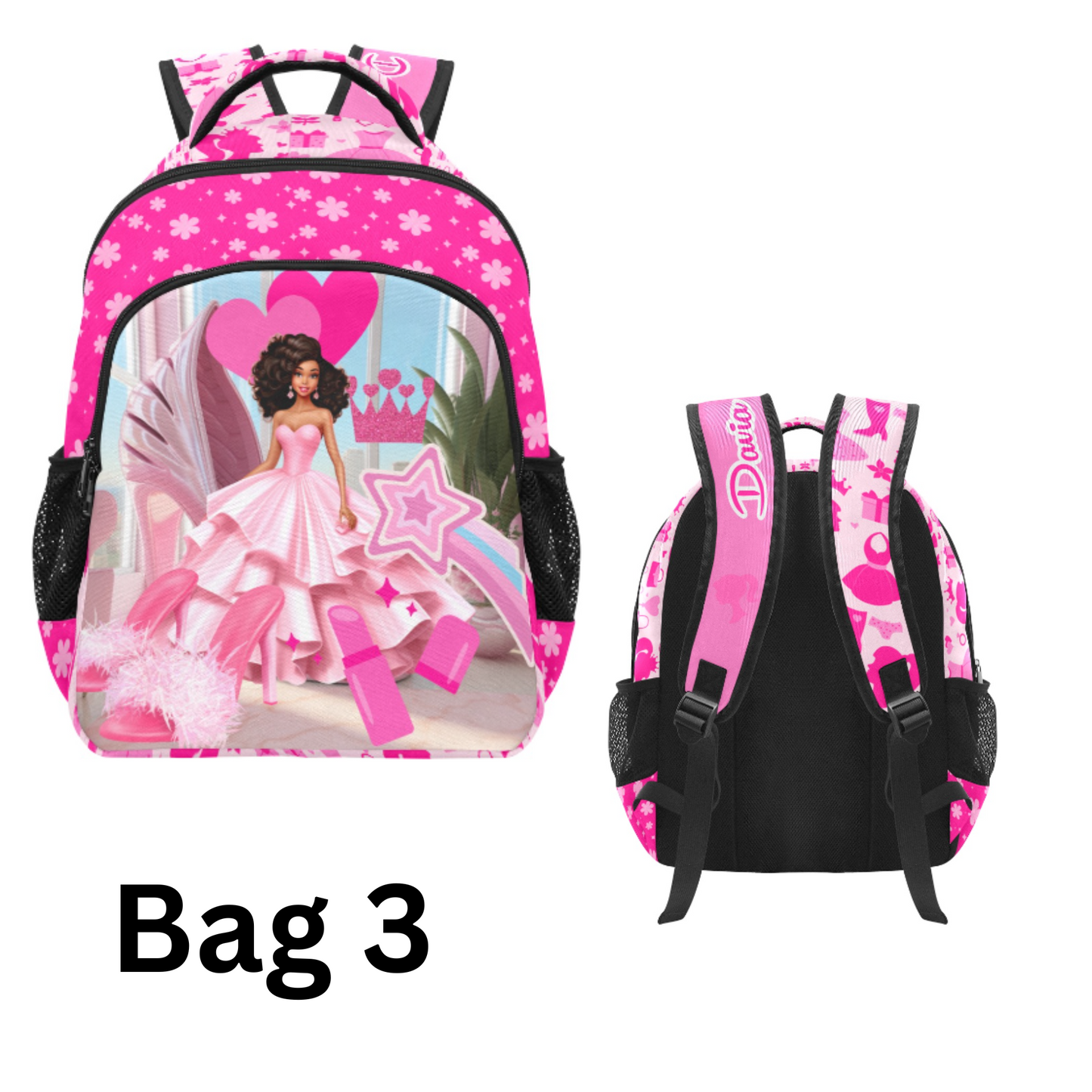 Personalized Black Girl Backpack, Pink Backpacks, school Bags/12 oz and 18 oz Insulated Water bottle