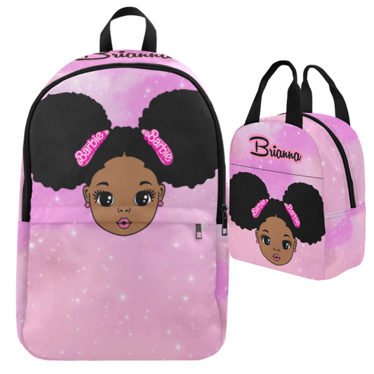 Personalized Pink Backpacks, Black Girl with Puff hair backpack, Lunch bag