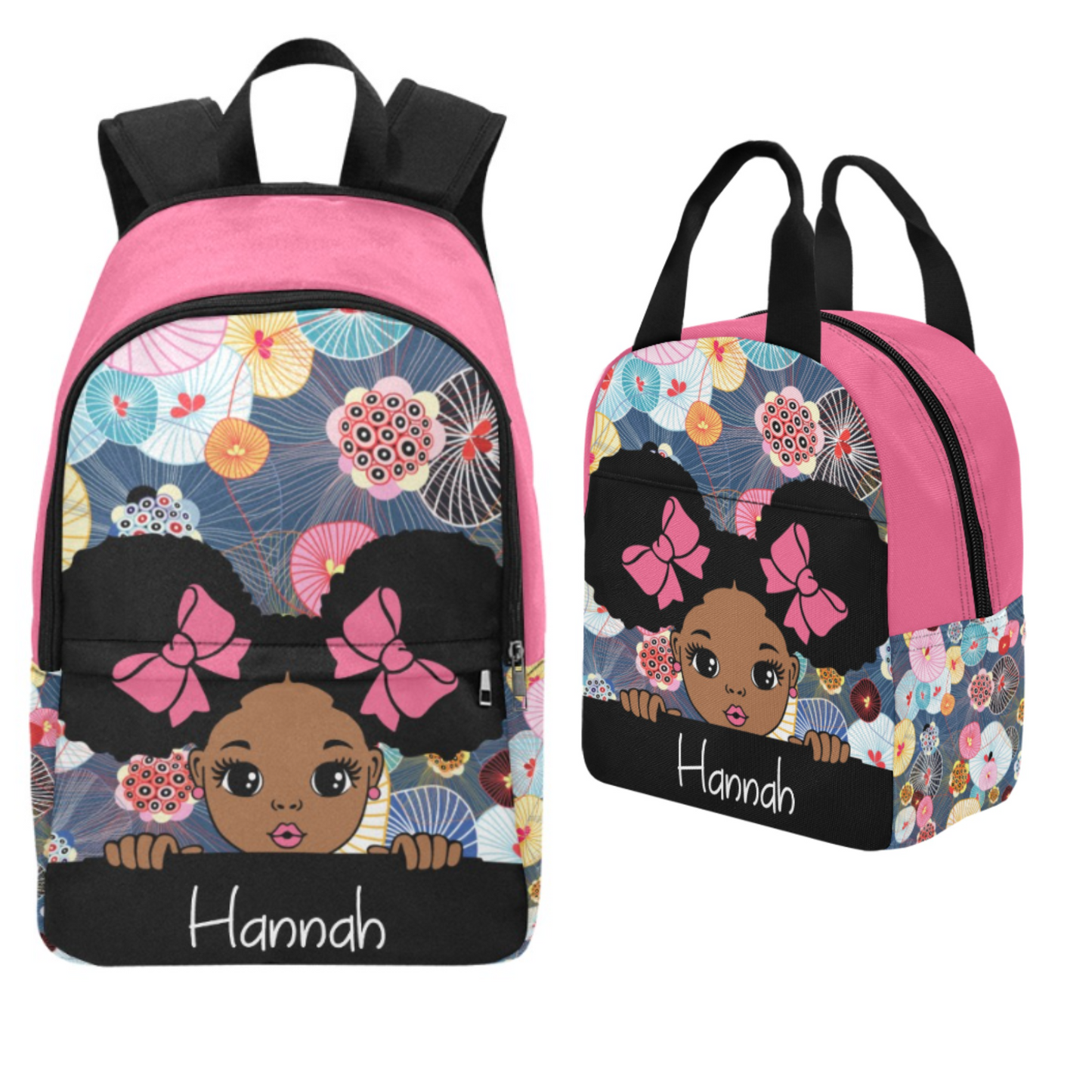 Personalized Black Girl Puff Hair Backpack Set, Lunch Bag, Kids School bags, Back to School, Peekaboo Girls