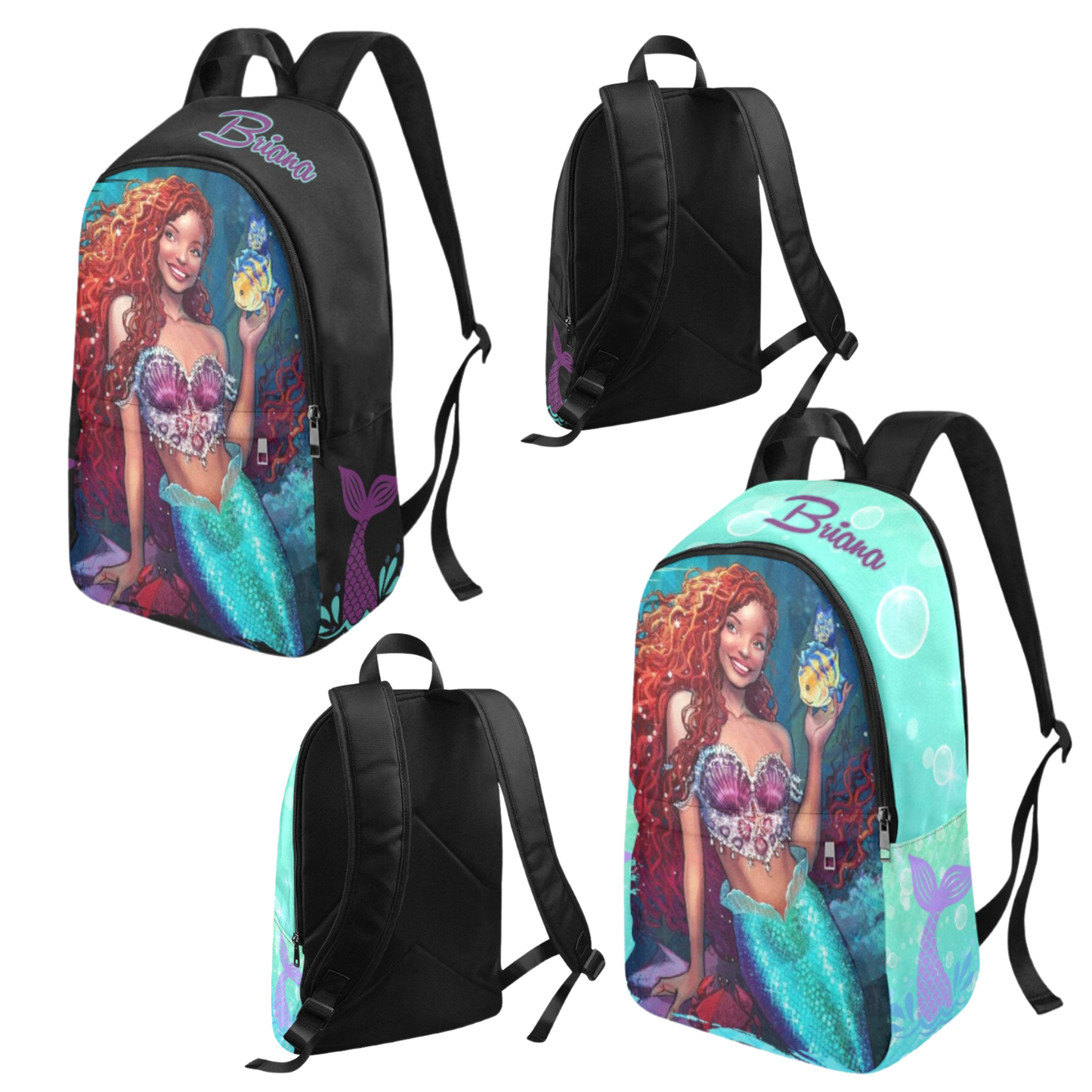 Personalized Mermaid Backpack set, Black Mermaid school bag, Lunch bag, Water bottle, pencil pouch, Black Ariel Backpack, back to school