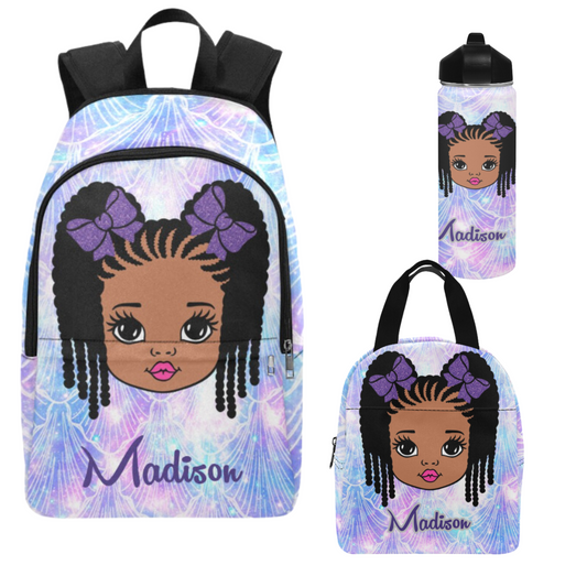 Personalized Black girl Backpack Set/ Purple Backpacks/Braided Hair girl school bags