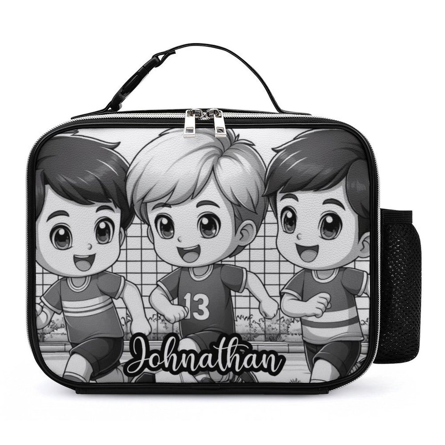 Black and White Boys Lunch Bag with Detachable Buckled Handle, Personalized