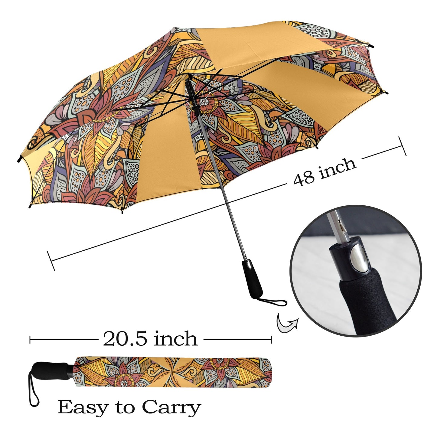 Floral Oriental Orange Semi-Automatic Foldable Umbrella