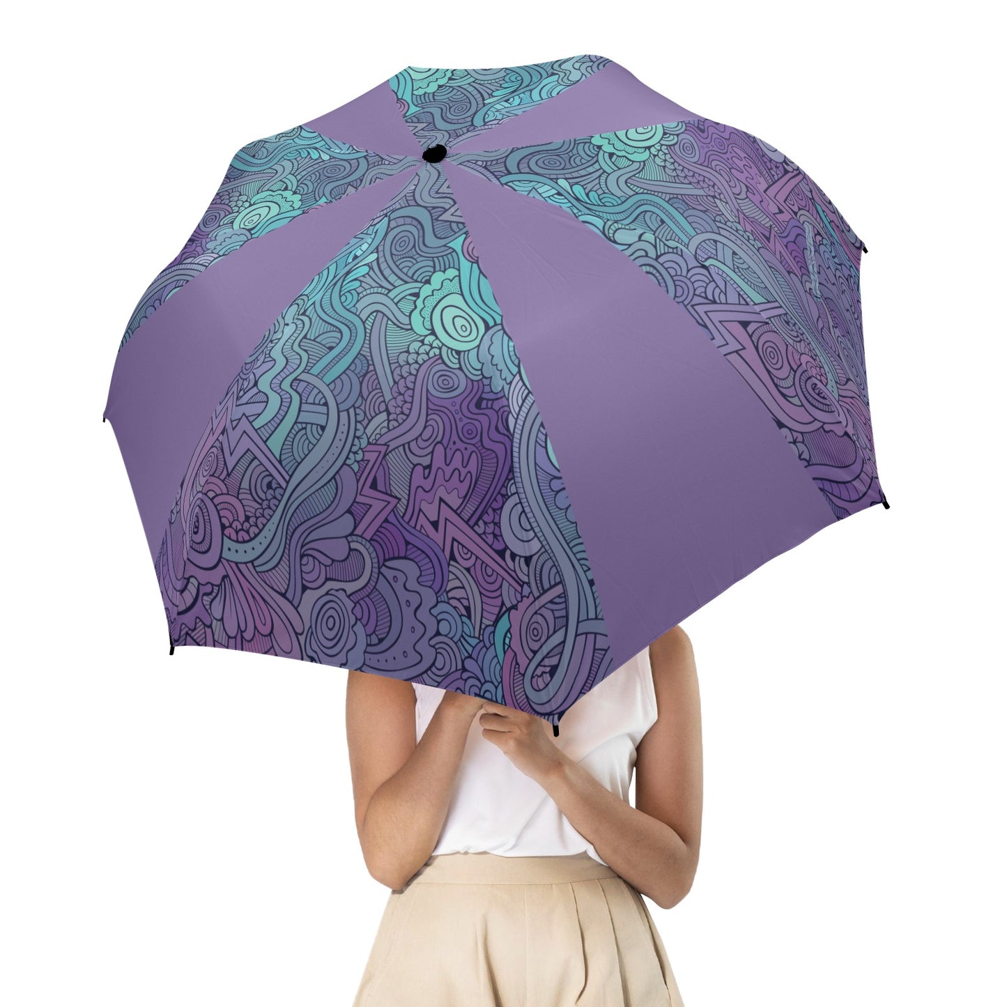 Floral Oriental Lilac Semi-Automatic Foldable Umbrella