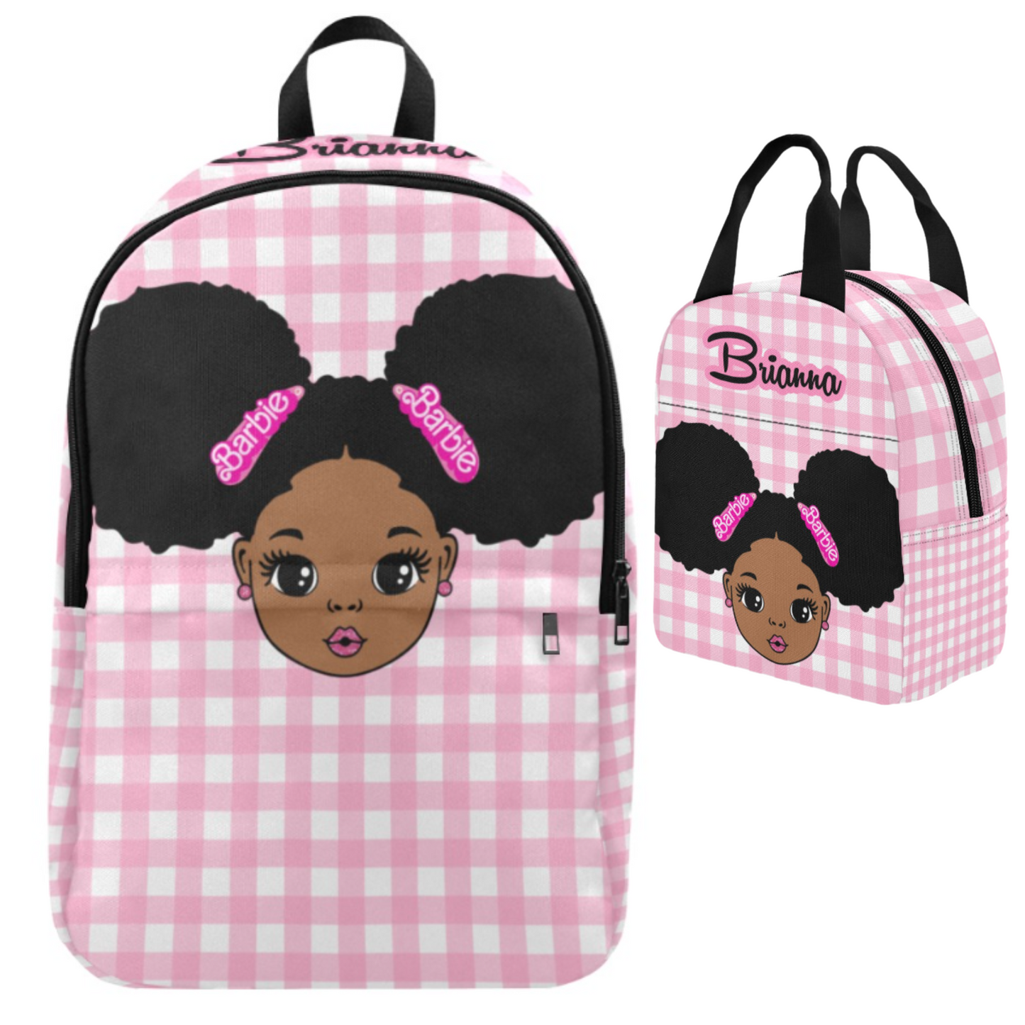 Personalized Pink Backpacks, Black Girl with Puff hair backpack, Lunch bag