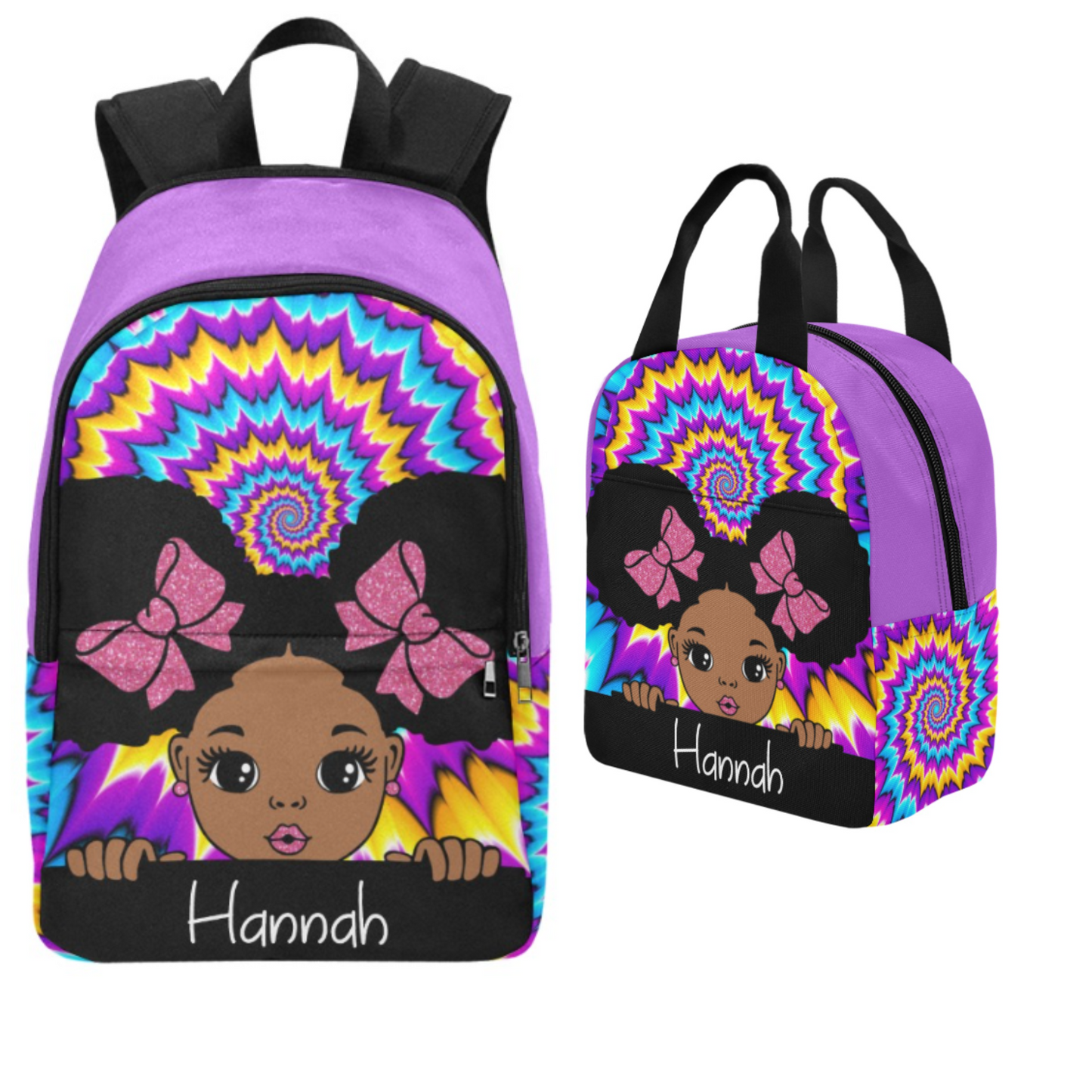 Personalized Black Girl Puff Hair Backpack Set, Lunch Bag, Kids School bags, Back to School, Peekaboo Girls