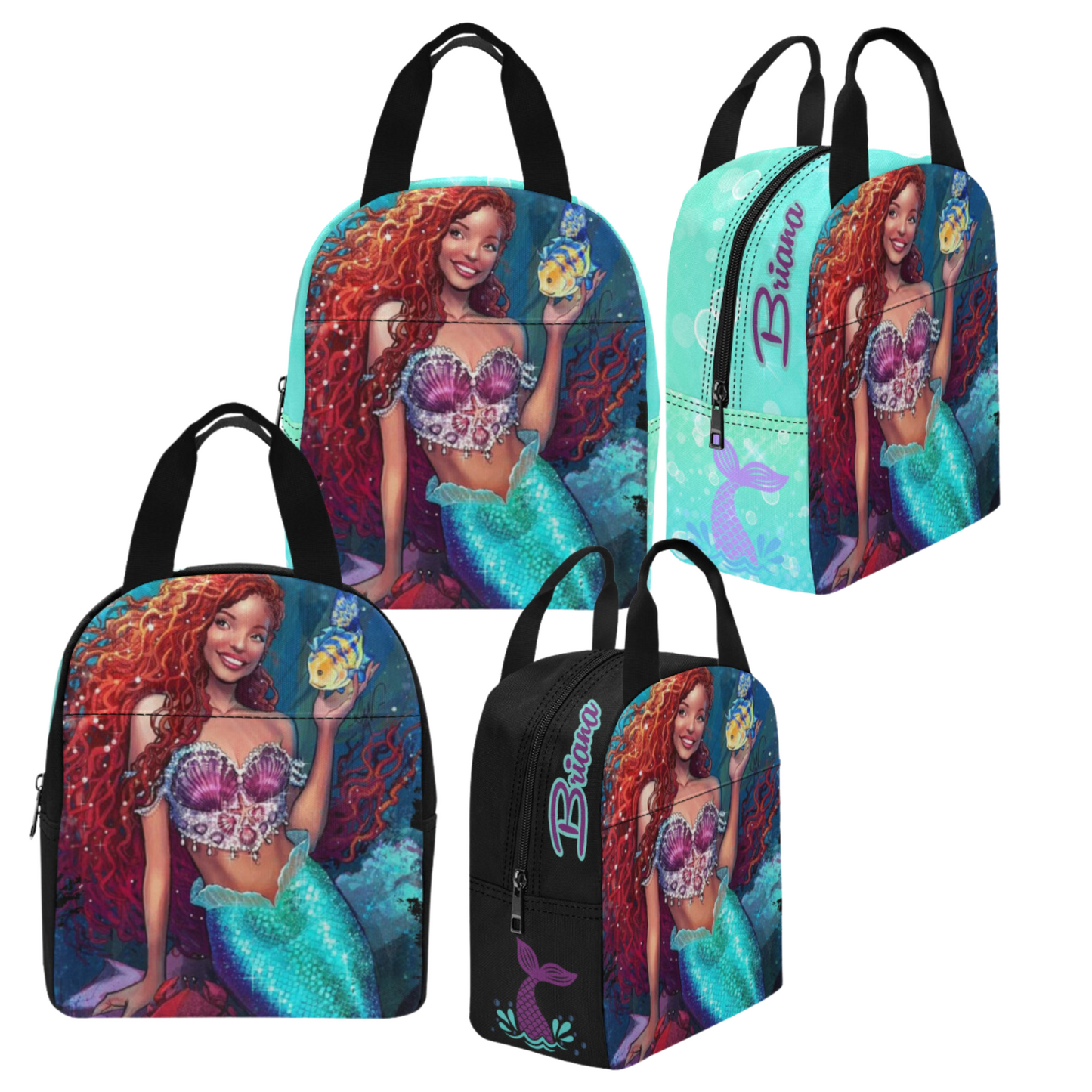 Personalized Mermaid Backpack set, Black Mermaid school bag, Lunch bag, Water bottle, pencil pouch, Black Ariel Backpack, back to school