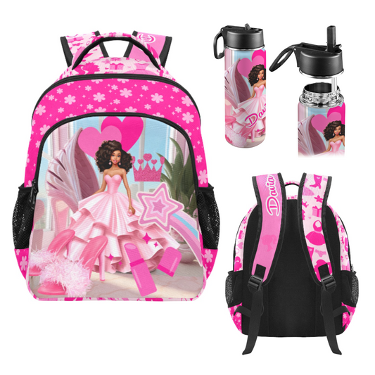 Personalized Black Girl Backpack, Pink Backpacks, school Bags/12 oz and 18 oz Insulated Water bottle