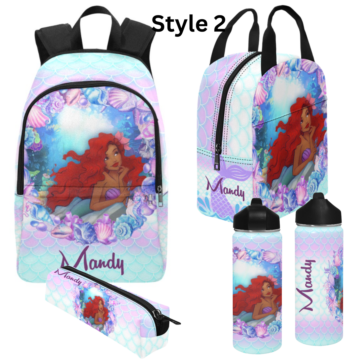 Personalized Mermaid Backpack set, Black Mermaid school bag, Lunch bag, Water bottle, pencil pouch, Black Ariel Backpack, back to school