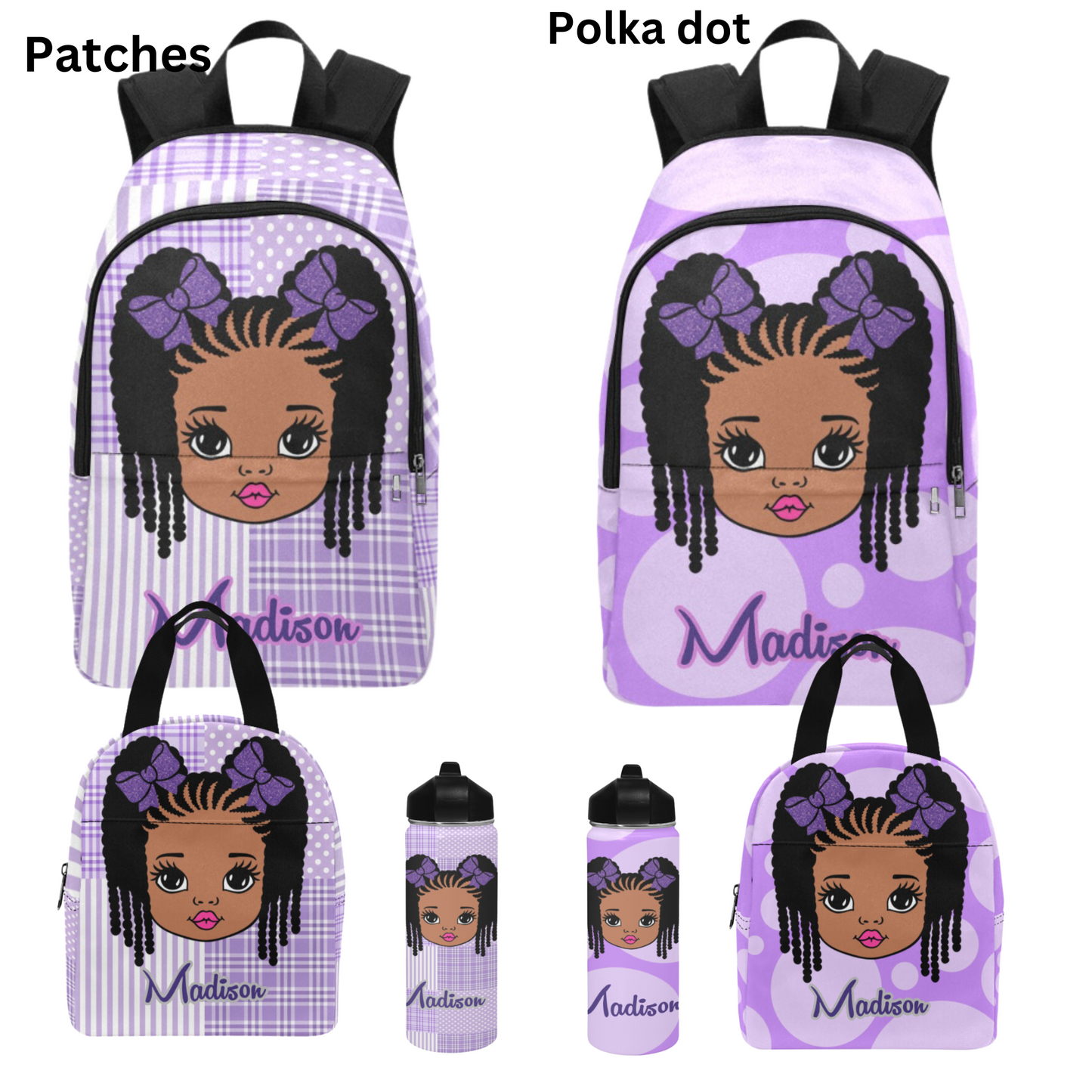 Personalized Black girl Backpack Set/ Purple Backpacks/Braided Hair girl school bags