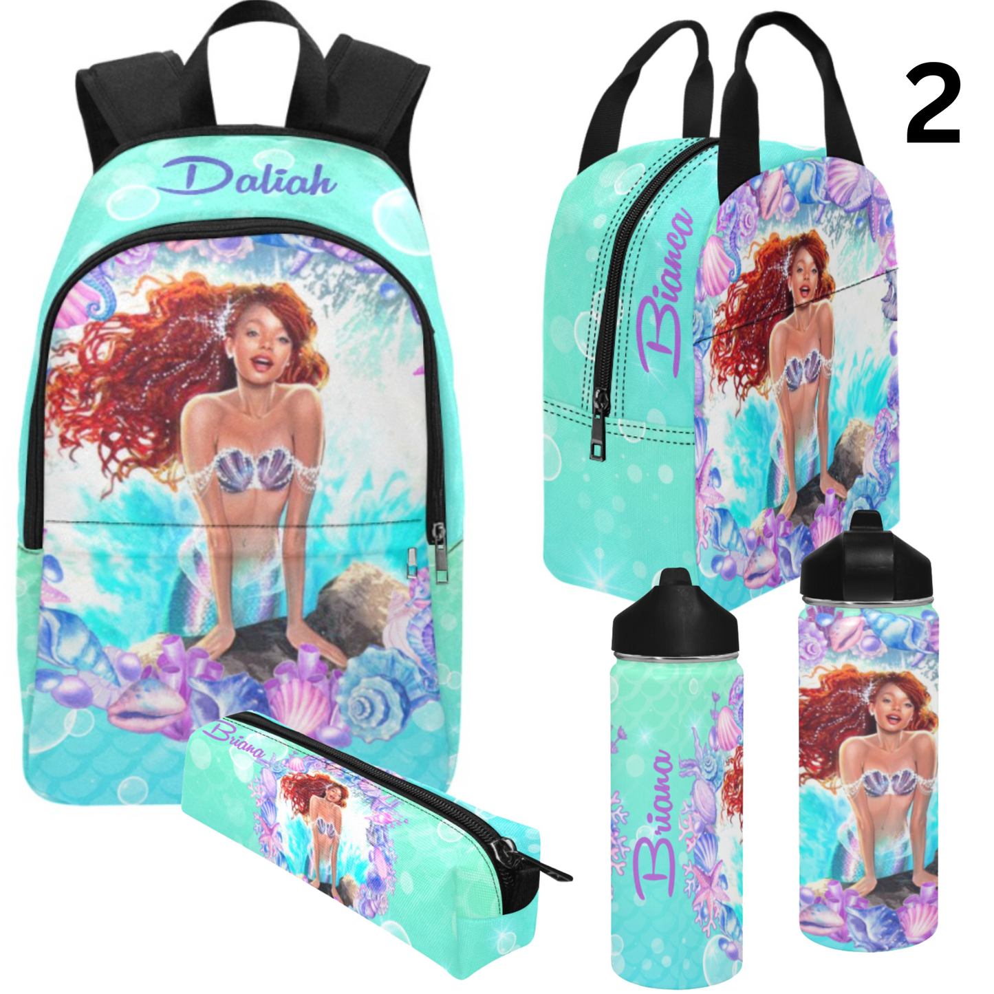 Personalized Mermaid Backpack set, Black Mermaid school bag, Lunch bag, Water bottle, pencil pouch, Black Ariel Backpack, back to school