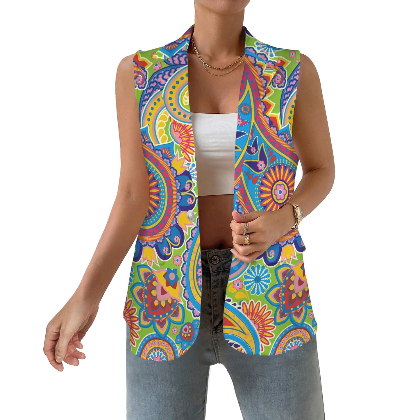 Traditional Asian Paisley Pattern Women's Sleeveless Blazer