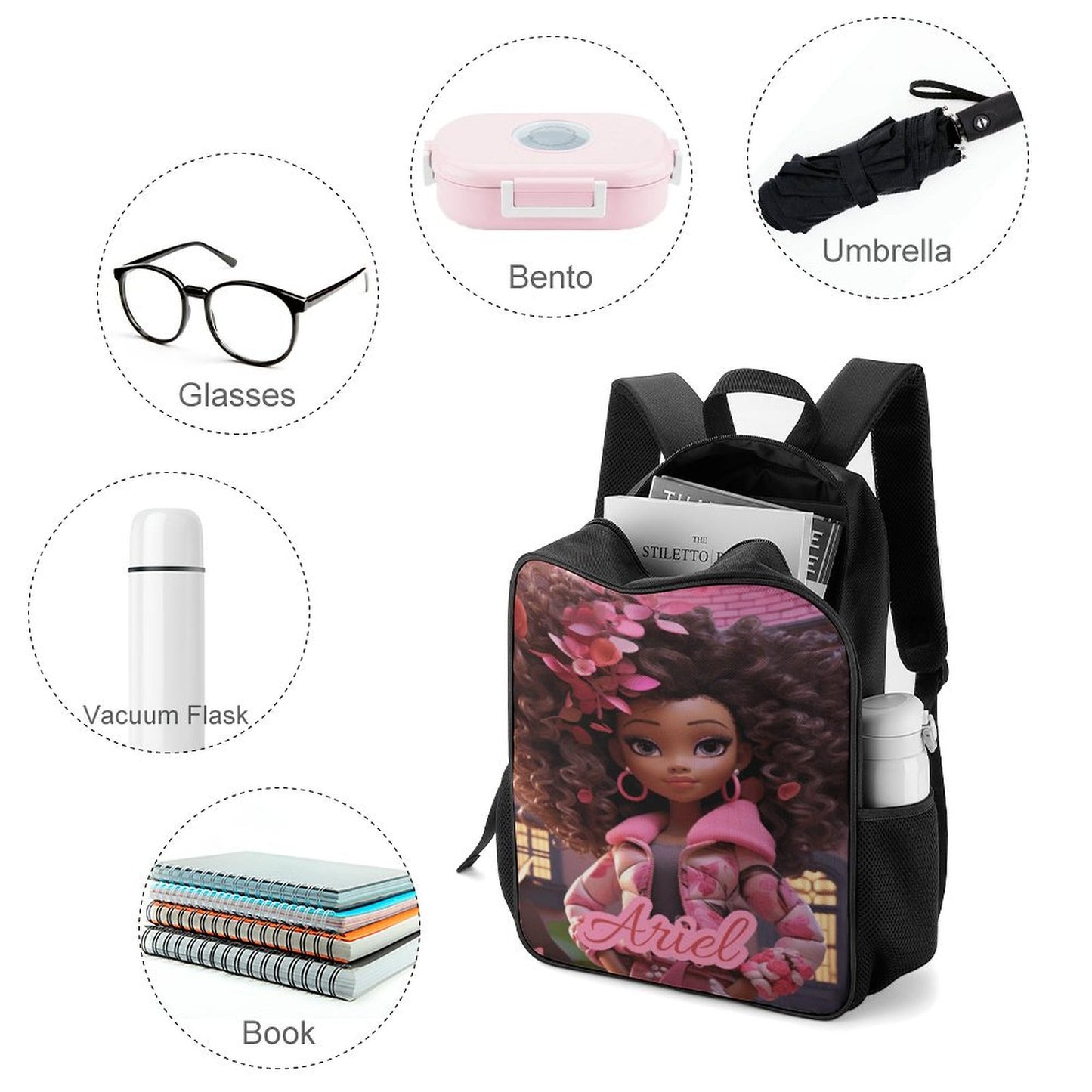 Children backpack Black Doll, Princess, Personalized