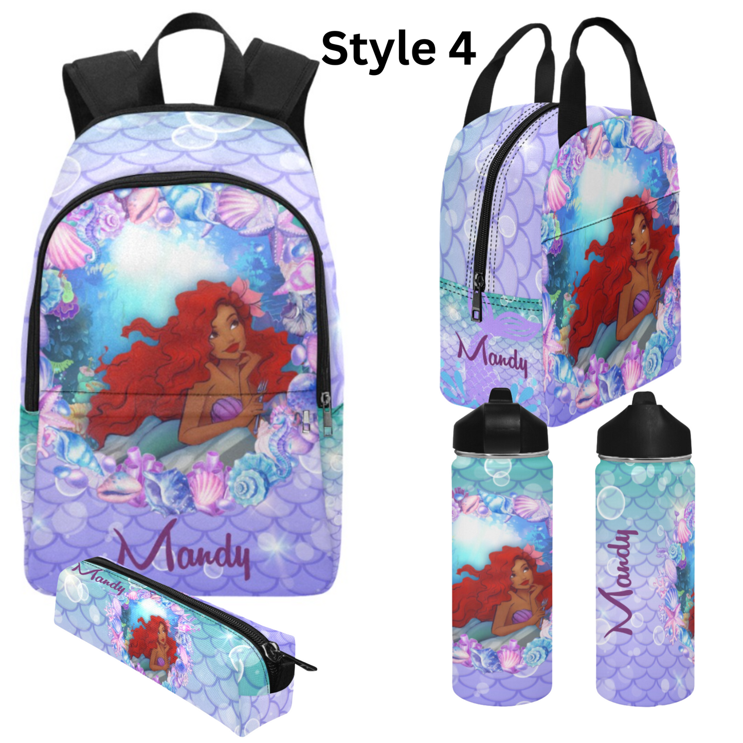 Personalized Mermaid Backpack set, Black Mermaid school bag, Lunch bag, Water bottle, pencil pouch, Black Ariel Backpack, back to school