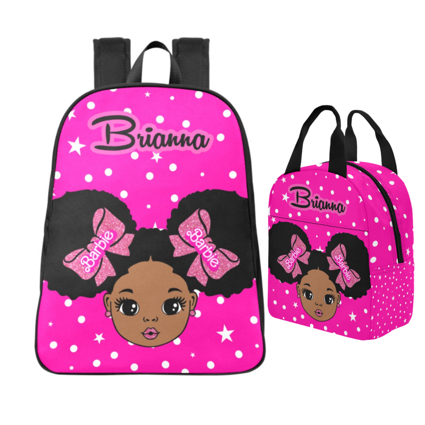 Personalized Pink Backpacks, Black Girl with Puff hair backpack, Lunch bag