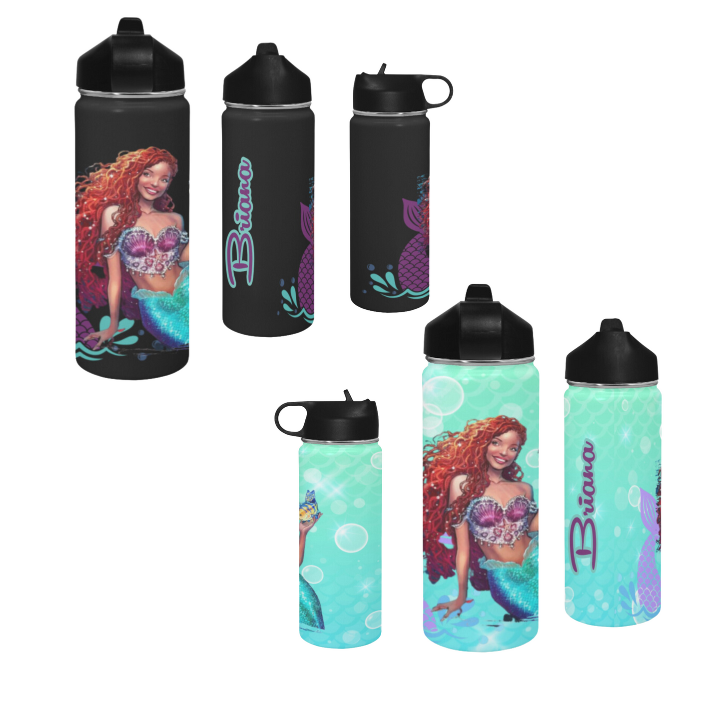 Personalized Mermaid Backpack set, Black Mermaid school bag, Lunch bag, Water bottle, pencil pouch, Black Ariel Backpack, back to school