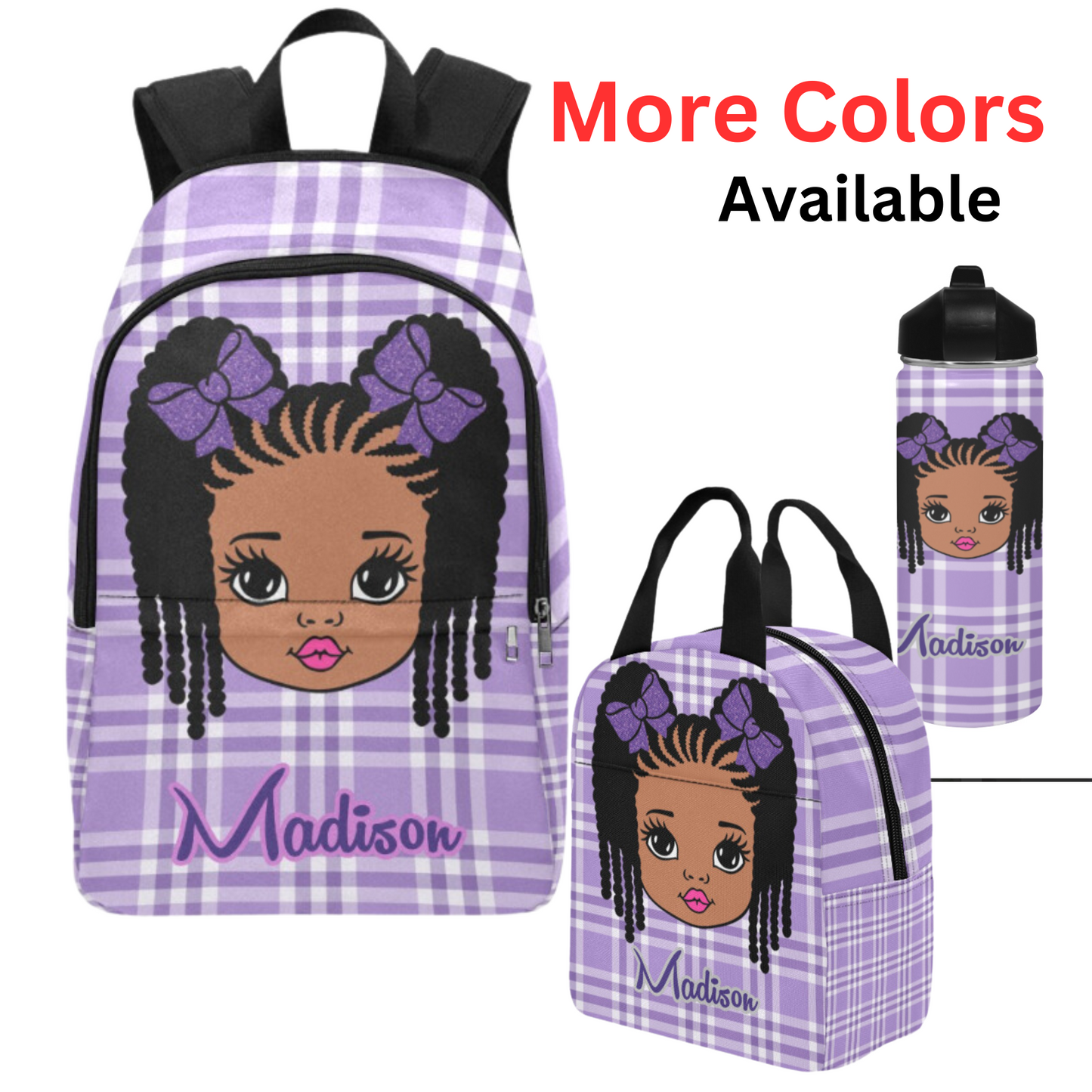 Personalized Black girl Backpack Set/ Purple Backpacks/Braided Hair girl school bags