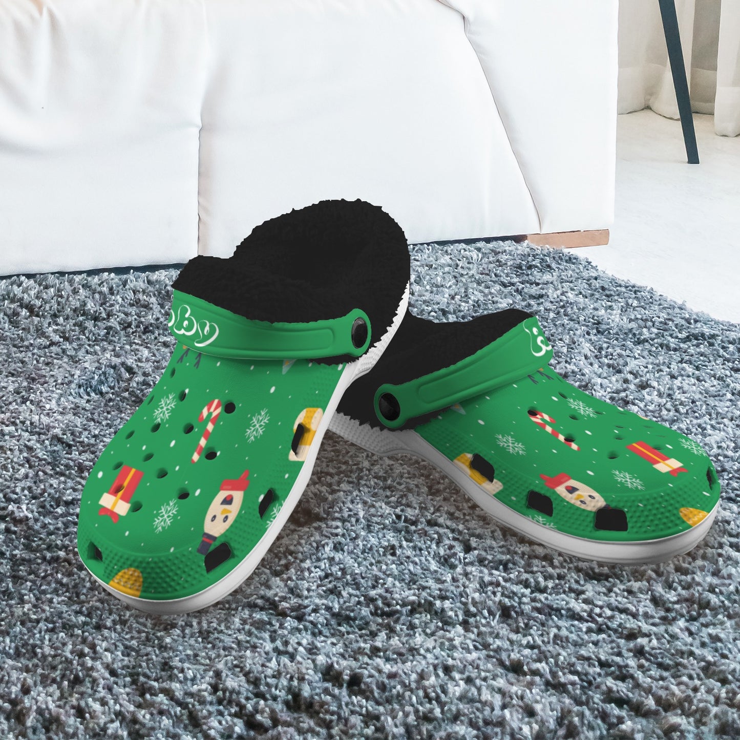 Christmas green- black fleece Fleece Lined Foam Clogs for Adults