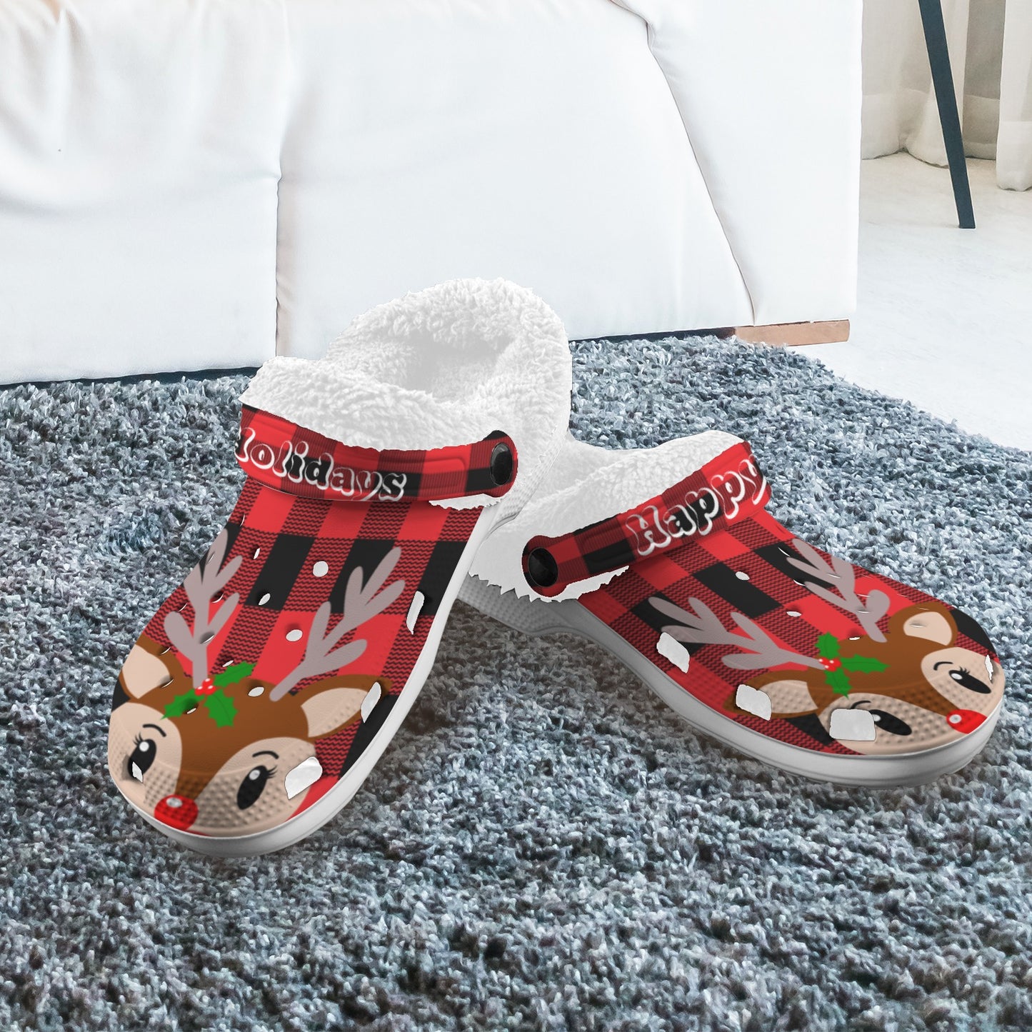 Christmas Reindeer - Personalized Red Fleece Lined Foam Clogs for Adults