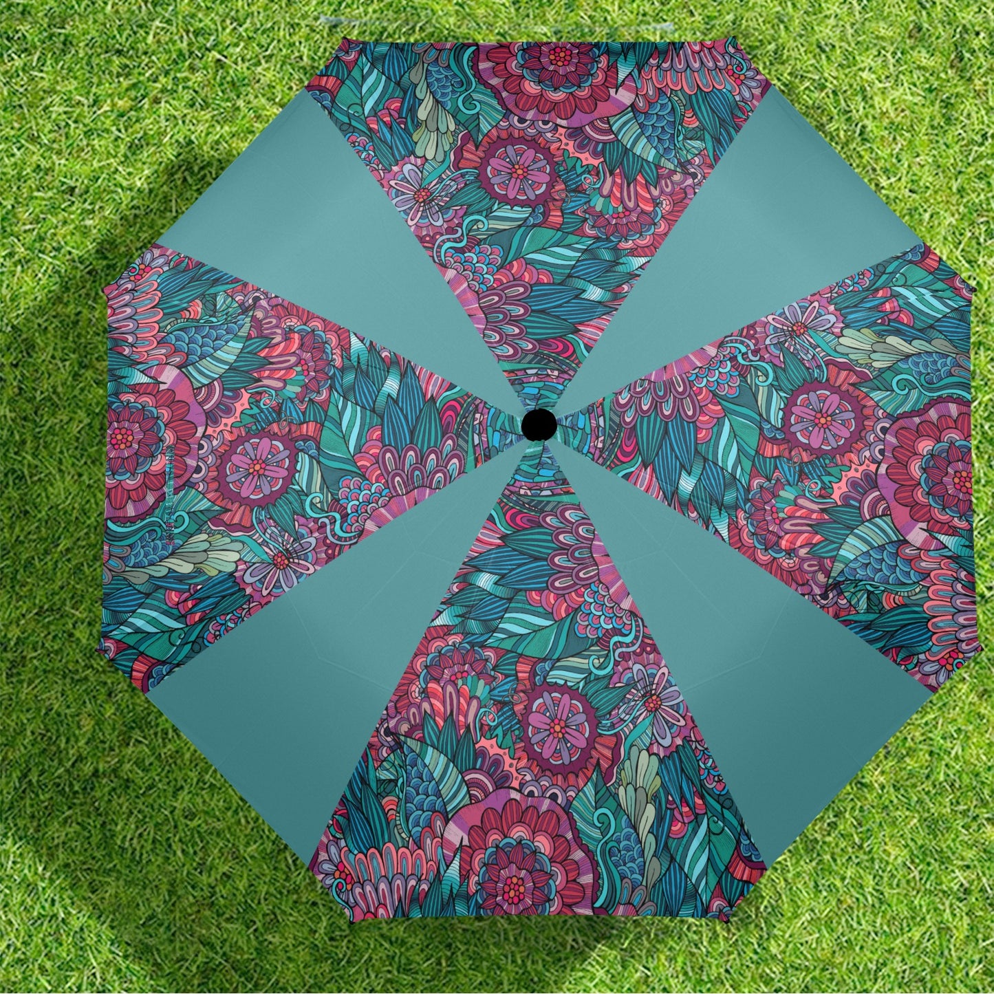 Floral Oriental Teal Semi-Automatic Foldable Umbrella