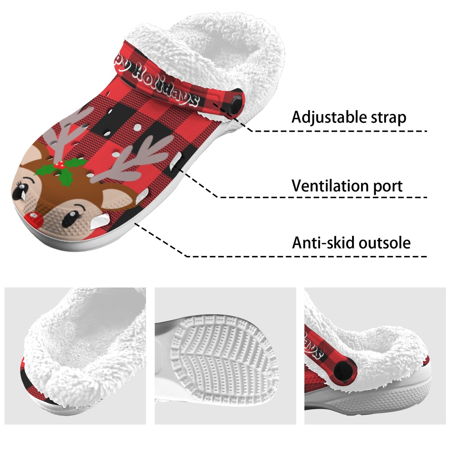 Christmas Reindeer - Personalized Red Fleece Lined Foam Clogs for Adults