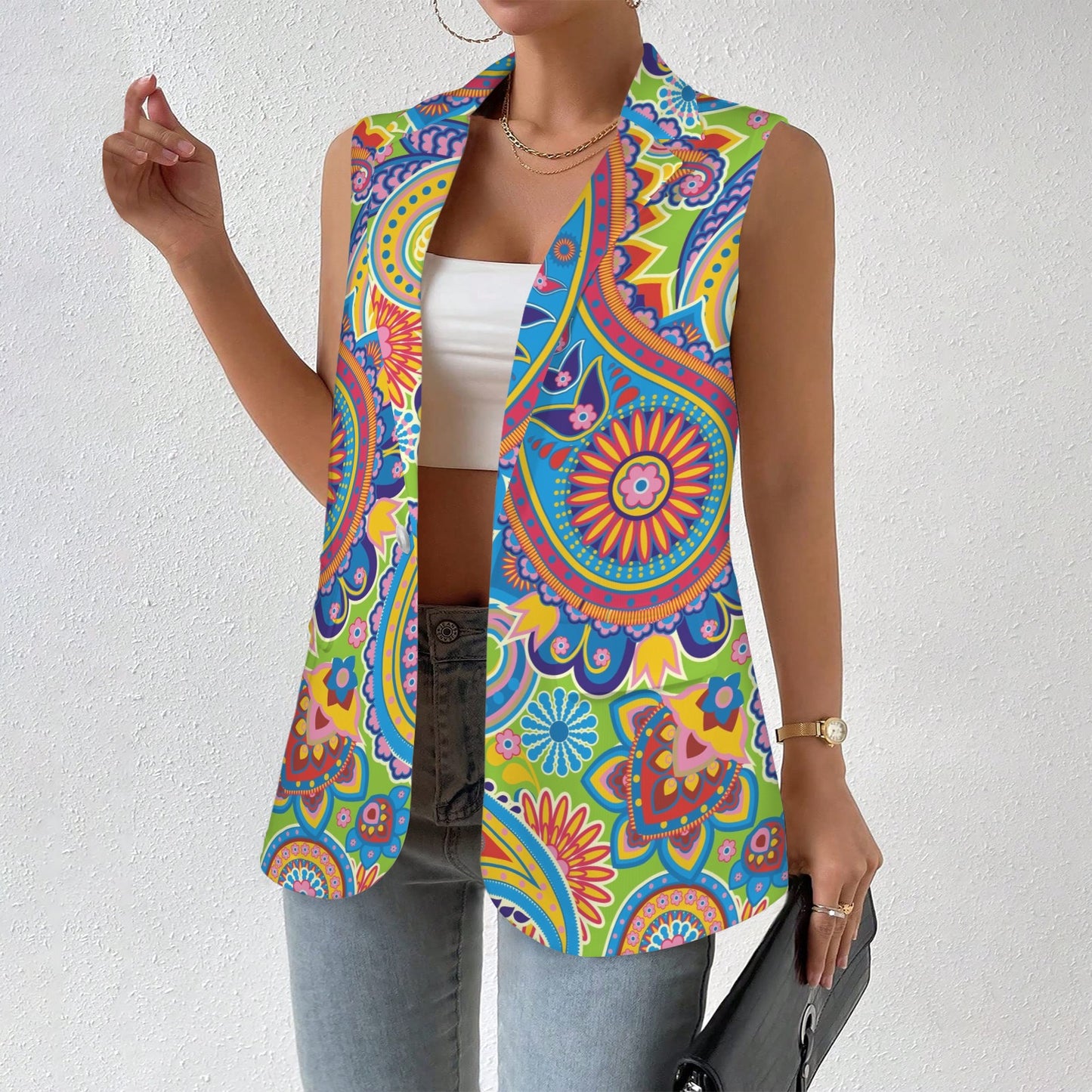 Traditional Asian Paisley Pattern Women's Sleeveless Blazer